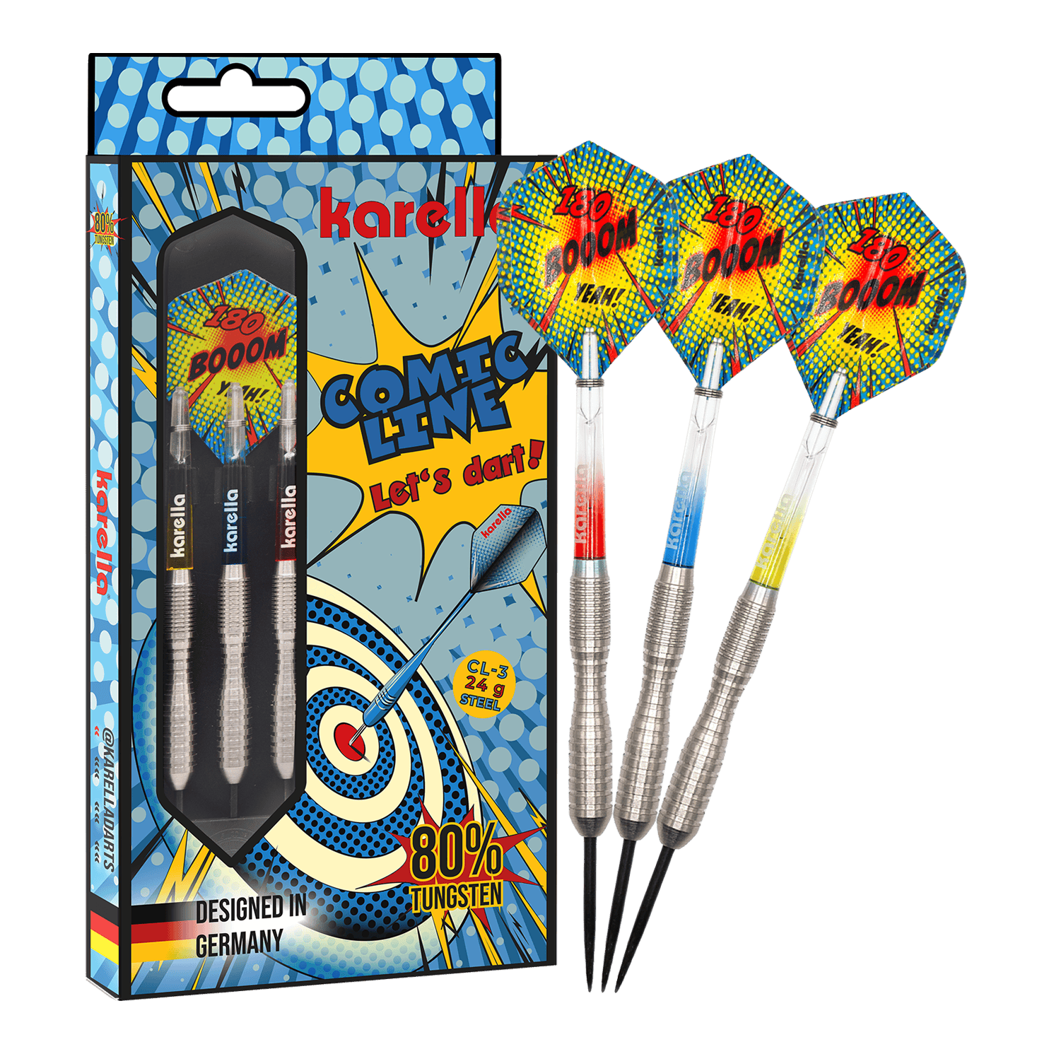 Karella Comic Line CL-3 stalen dartpijlen - 24 g Das Bild zeigt das Produkt Karella Comic Line CL-3 Steeldarts - 24g in voller Länge. Die Steeldarts sind klar zu erkennen.