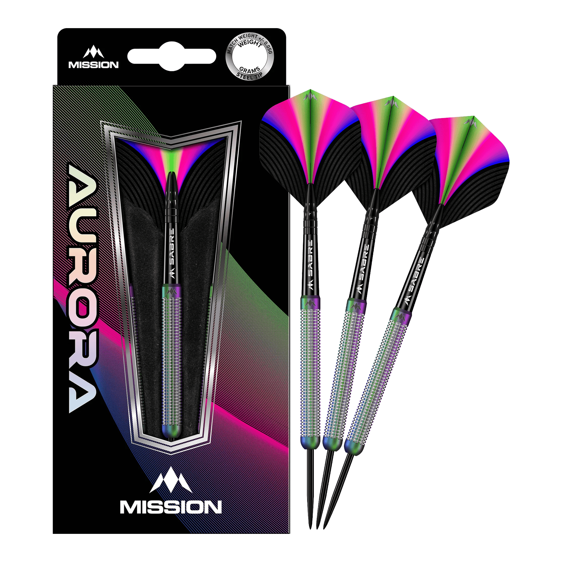 Mission Aurora Coral PVD stalen darts - 23g Das Bild zeigt eine Packung mit Mission Aurora Coral PVD Steeldarts in 23g. Die Darts haben ein auffälliges, buntes Design mit schwarzen, grünen, pinken und blauen Akzenten.