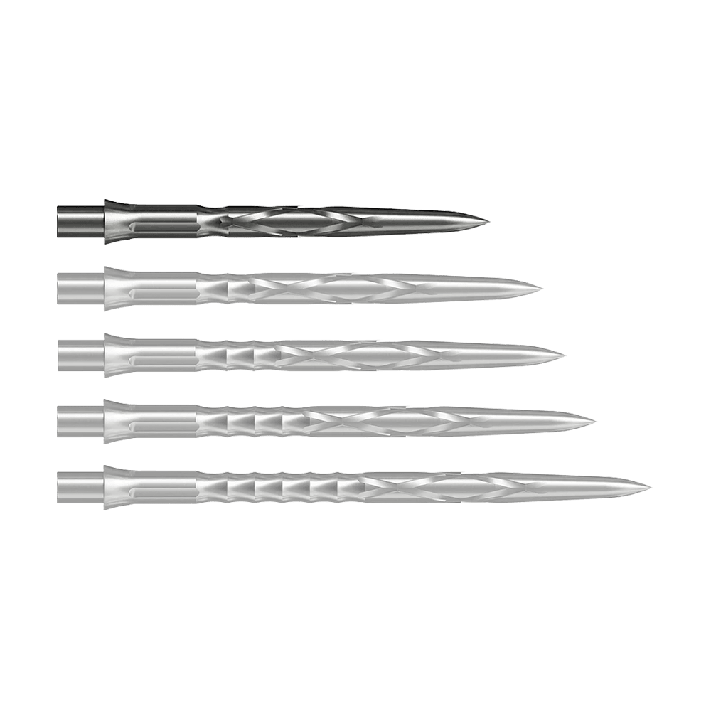 Abgebildet ist eine silberne Steeldartspitze vom Typ Caliburn Evo System HAN G2 in 28 mm Länge. Sie eignet sich für den Einsatz bei Steeldarts.