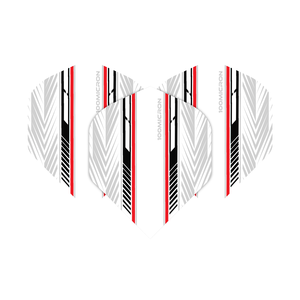 Pentathlon Flights wit/zwart/rood Das Bild zeigt die Pentathlon White Black Red No2 Standard Flights. Die Flights haben ein weißes Grunddesign mit schwarzen und roten Streifen sowie grafischen Mustern.