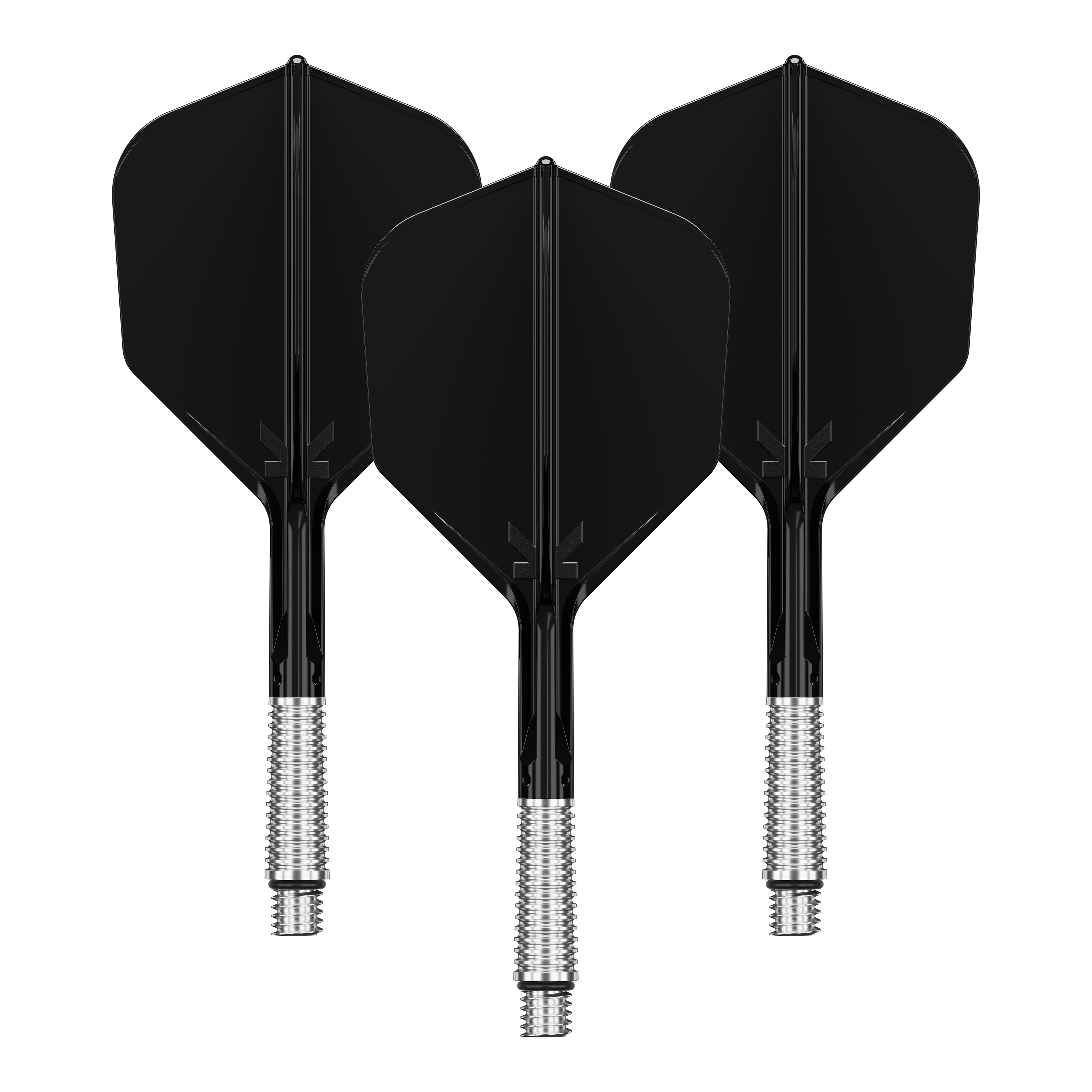 Das Bild zeigt ein Set von Dart Flights in Schwarz mit der Bezeichnung '410551 Target KShift No6 Flights Schwarz 33mm'. Die Flights sind für Dartpfeile bestimmt.