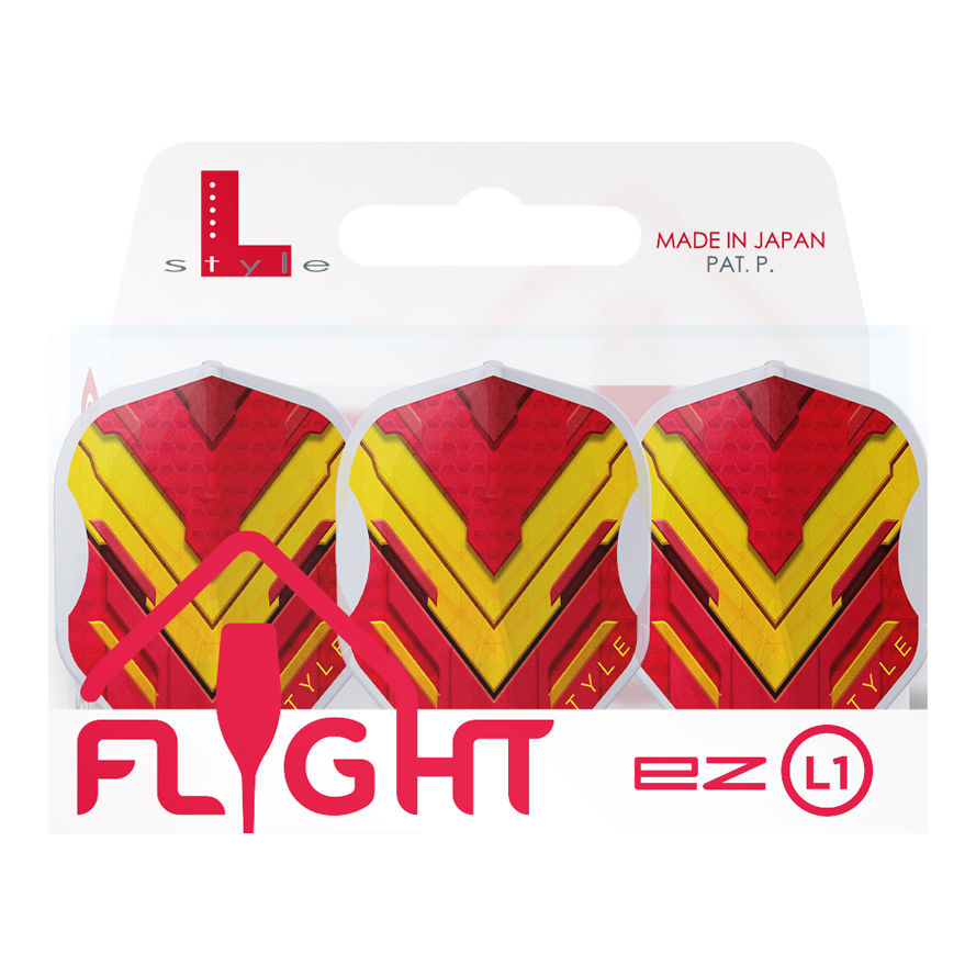 L-Style V-Serie V1 Type A Spanje Helder Wit L1EZ Vluchten Das Bild zeigt die L-Style V-Series V1 Type A Spain Clear White L1EZ Flights für Dartpfeile. Die Flights haben ein auffälliges rotes und gelbes Design und sind in einer transparenten Verpackung zu sehen.