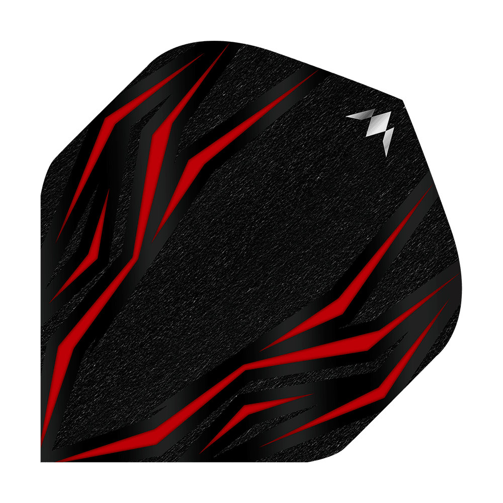 Mission Lava Red No2 Standaardvluchten Das Bild zeigt ein schwarzes Dartflight mit roten, flammenartigen Linien. In der oberen rechten Ecke befindet sich ein kleines, silbernes Logo.