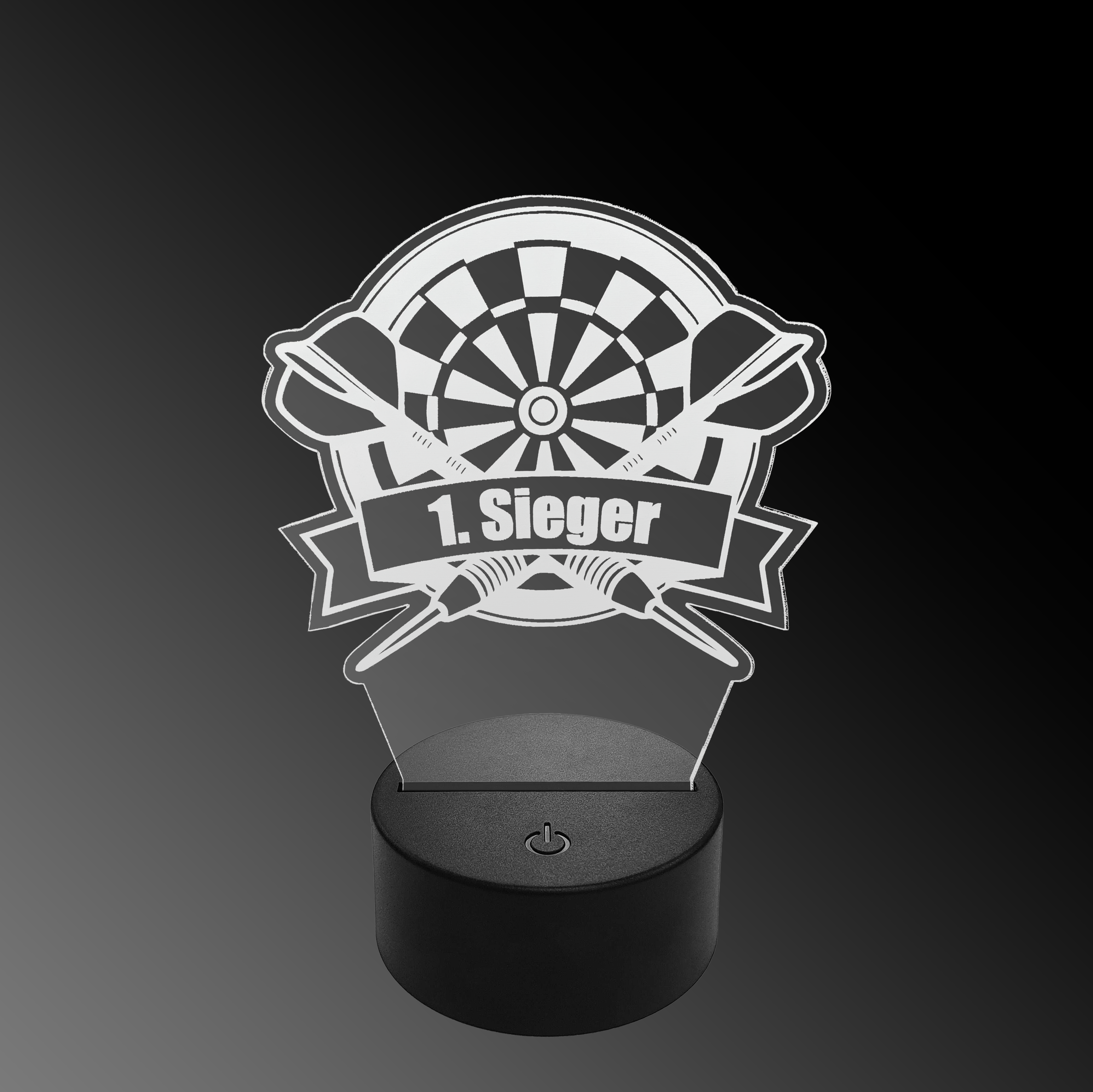 LED plexiglas dartlamp met aangepaste tekst Das Bild zeigt eine LED-Lampe mit einem Plexiglasaufsatz in Form eines Dartboards und zwei gekreuzten Darts. Auf dem Schild steht "1. Sieger" geschrieben.