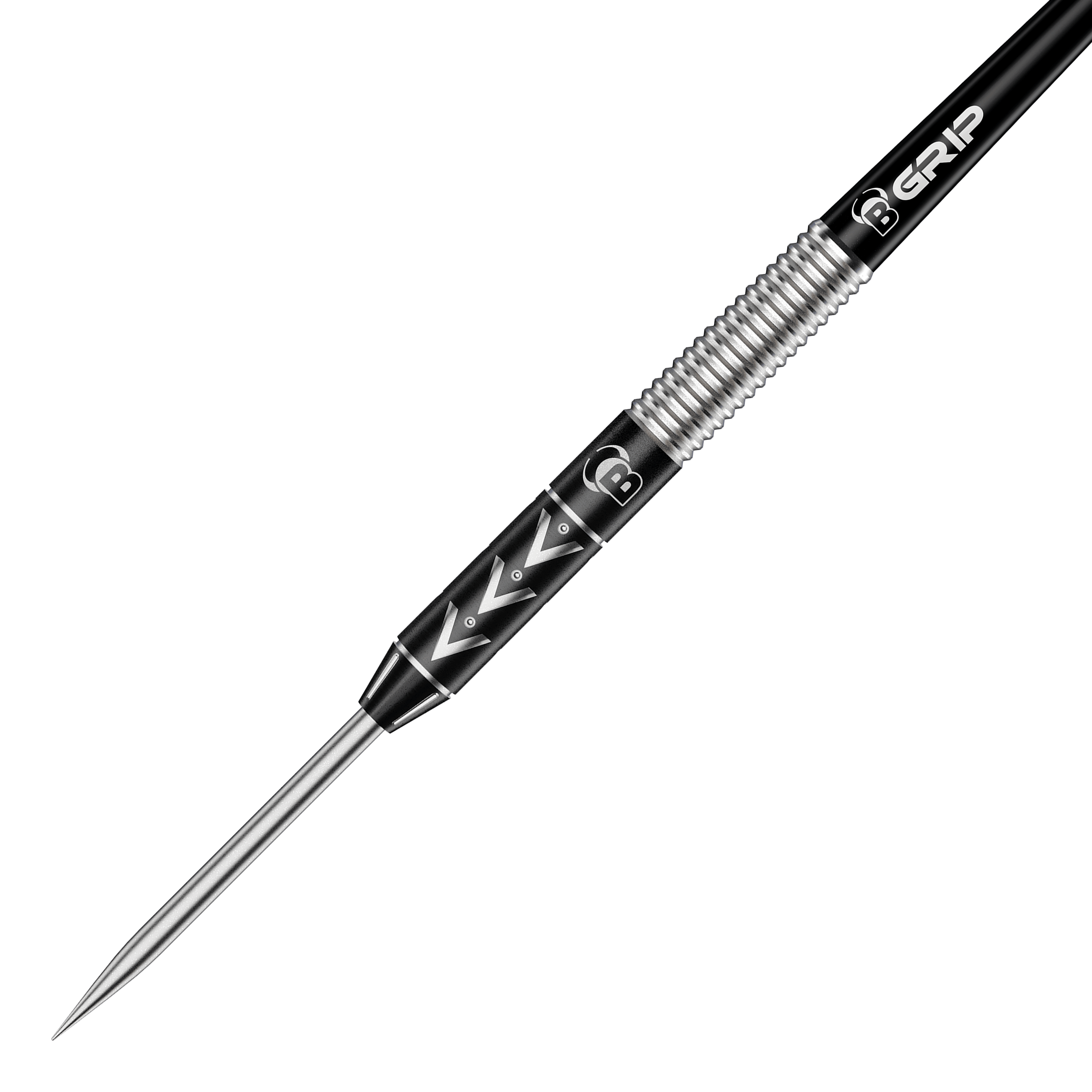 Bulls Challenger Arno Merk stalen dartpijlen - 22 g Das Bild zeigt einen Bulls Challenger Arno Merk Steeldart mit einem Gewicht von 22g. Der Dartpfeil hat ein silber-schwarzes Design mit markanten Rillen und einem spitzen Metallende.