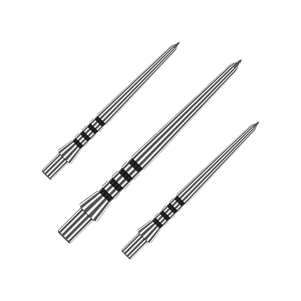 X0681_Red_Dragon_Venom_Steeldartspitzen_1 Das Bild zeigt drei silberne Steeldartspitzen mit schwarzen Rillen. Es handelt sich um das Produkt "Red Dragon Venom Steeldartspitzen".