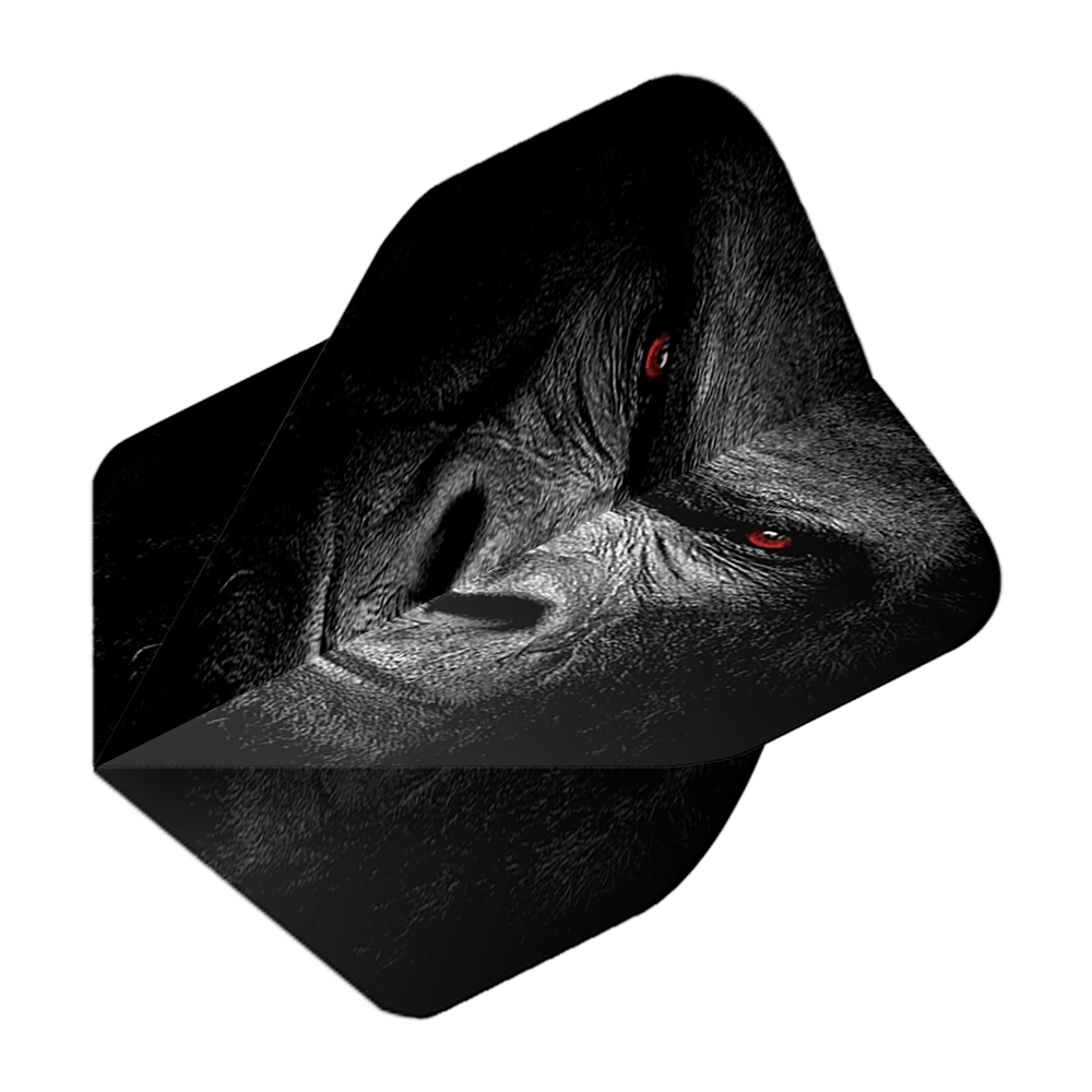 Pentathlon Vluchten Gorilla Das Bild zeigt das Produkt "Pentathlon Gorilla No2 Standard Flights". Auf dem Flight ist das Gesicht eines Gorillas mit markanten roten Augen abgebildet.