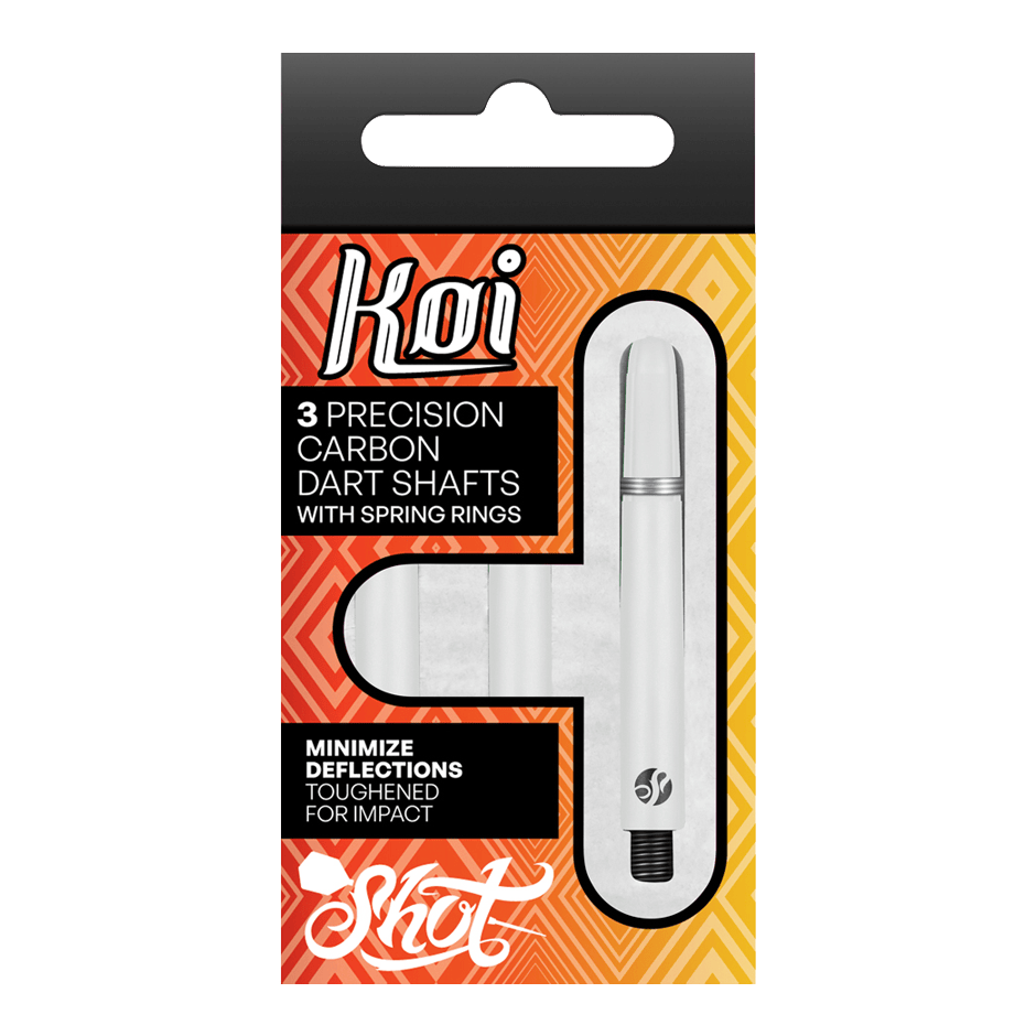 Shot Koi Carbon Shafts - Wit Die Verpackung zeigt drei präzise Carbon-Dartschäfte mit Sprengringen der Marke Koi. Sie sind darauf ausgelegt, Ablenkungen zu minimieren und sind für hohe Schlagfestigkeit verstärkt.