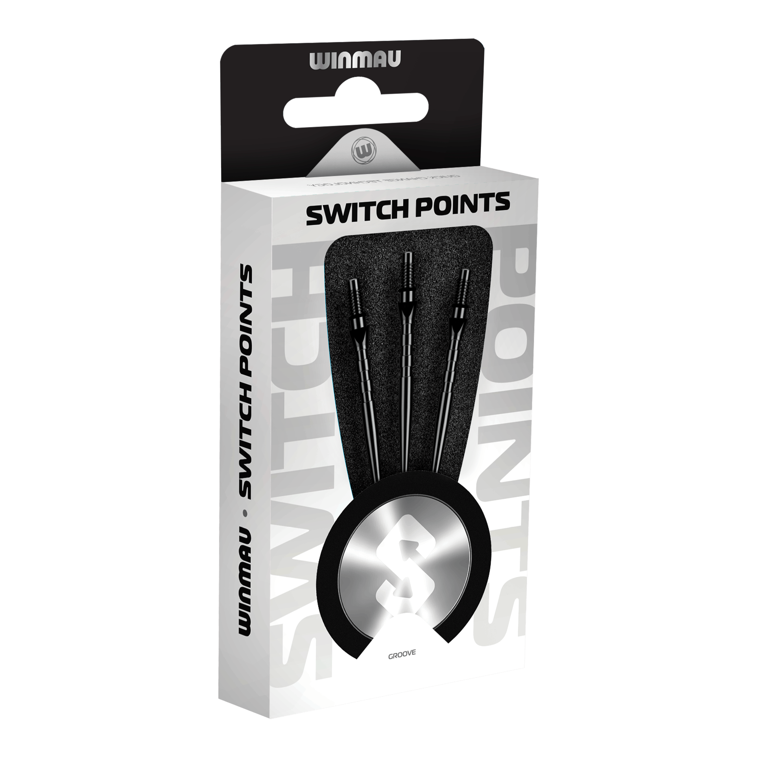 Winmau Switch Point Groove stalen dartpunten - zwart Abgebildet sind Winmau Switch Point Groove Steeldartspitzen in Schwarz. Die Dartspitzen haben Rillen und eine schwarze Farbe.