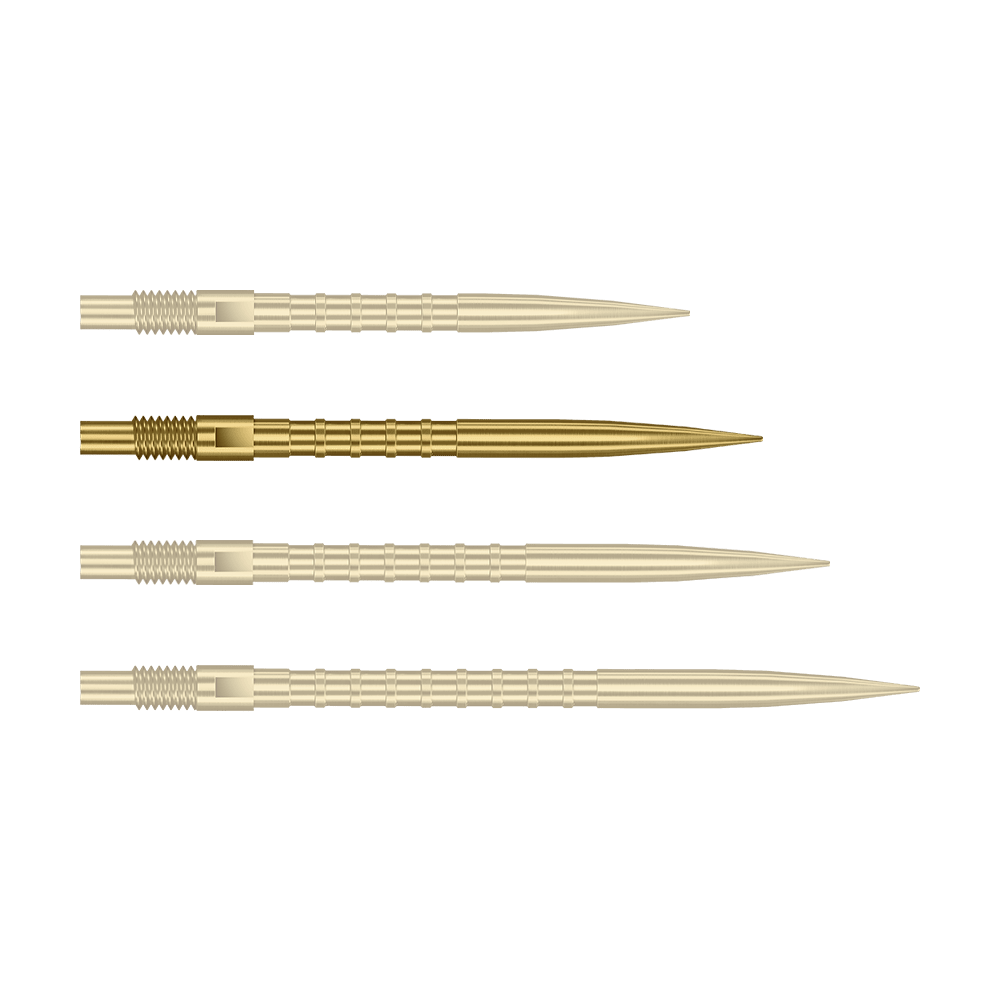 Abgebildet ist eine einzelne goldene Dartspitze mit 30mm Länge und Metallgriff. Es handelt sich um die Harrows Quick Point Heavy Metal Grip Dartspitzen Gold 30mm.