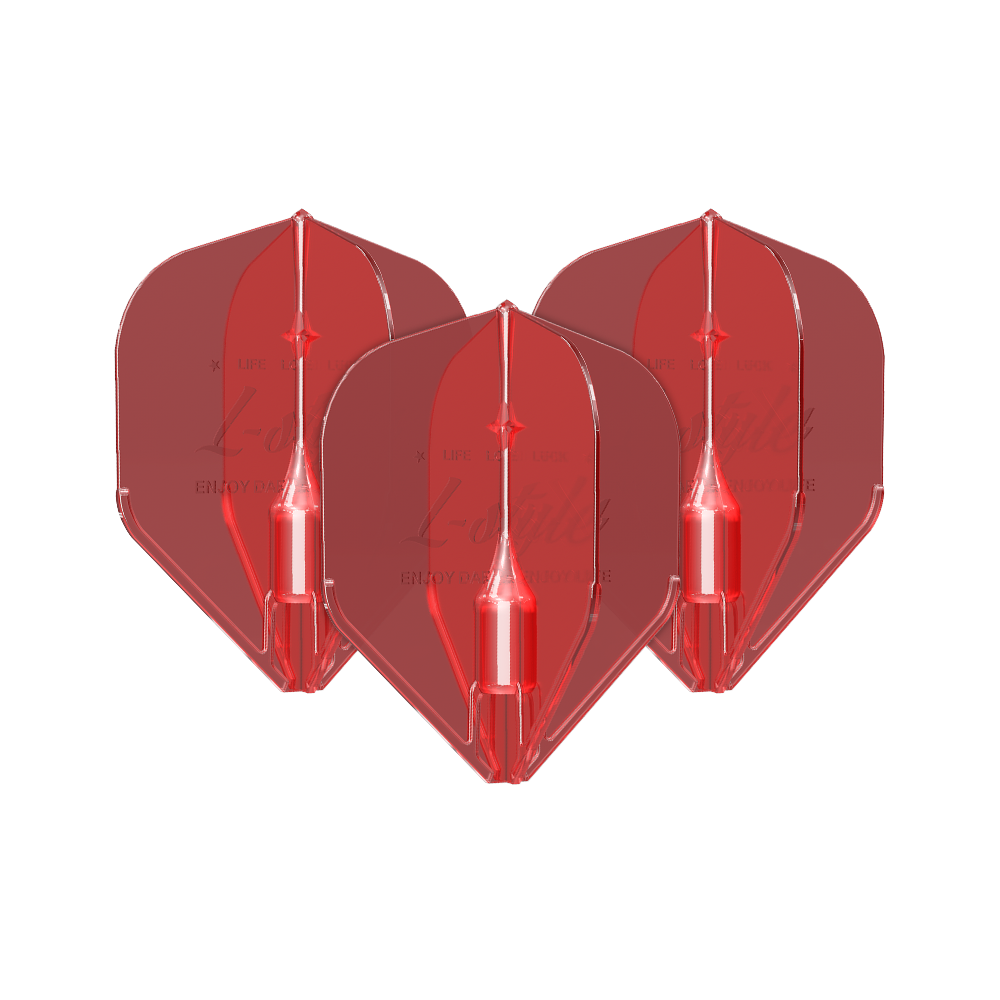 L-Style Fantom L1EZ-vluchten rood Das Bild zeigt drei rote Dart-Flights des Modells "L-Style Fantom L1EZ". Sie sind aus durchsichtigem Material gefertigt und haben eine klassische Form.