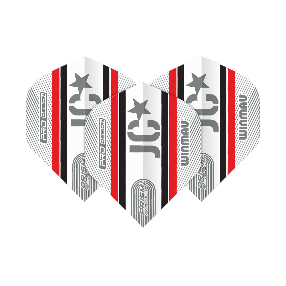 Winmau Alpha Joe Cullen Cullen 85 Standaardvluchten Das Bild zeigt drei Winmau Alpha Joe Cullen 85 Standard Flights für Darts. Sie sind überwiegend weiß mit schwarzen und roten Streifen sowie silbernen Aufdrucken.