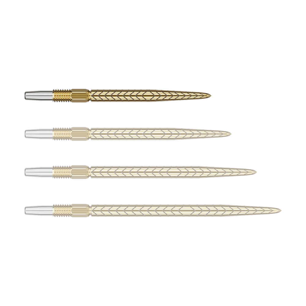 Target Swiss Point RVE darttips - Goud Auf dem Bild sind vier goldfarbene Dartspitzen mit silbernem Gewinde zu sehen. Sie liegen nebeneinander und haben ein feines Muster auf der Oberfläche.