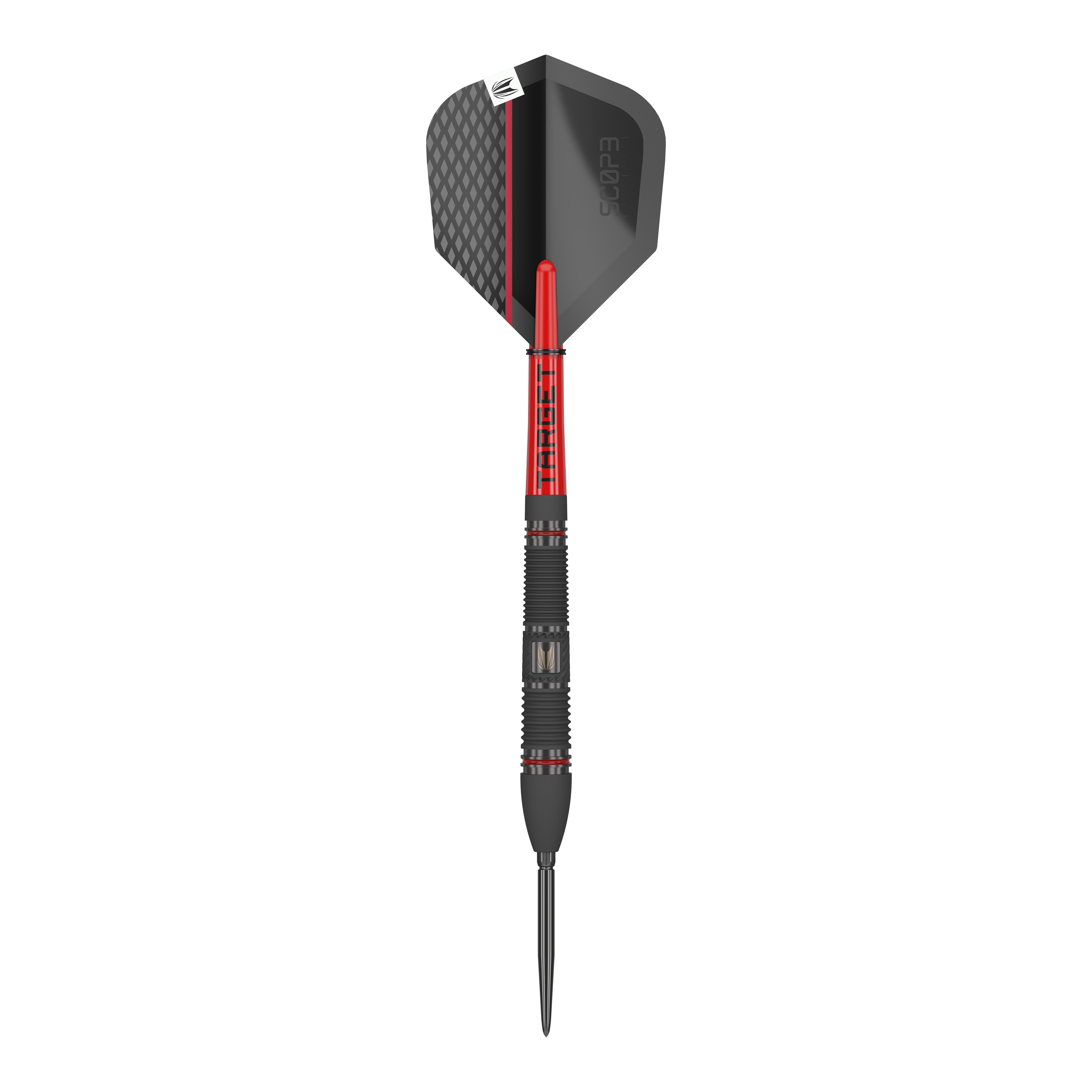 Target Scope 02 Swiss Point stalen darts Das Bild zeigt einen Target Scope 02 Swiss Point Steeldart. Der Dart ist schwarz und rot gestaltet und hat eine strukturierte Spitze sowie ein modernes Flight-Design.