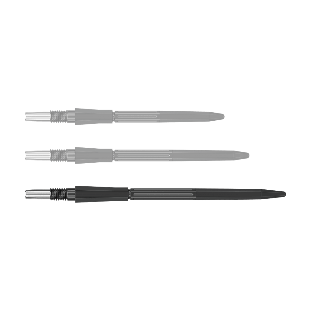 Target Elysian Archetype 43 Swiss Point stalen dartpijlpunten - zwart Eine schwarze Dartspitze mit einer Länge von 42 mm ist abgebildet. Die Spitze hat eine schlanke Form.