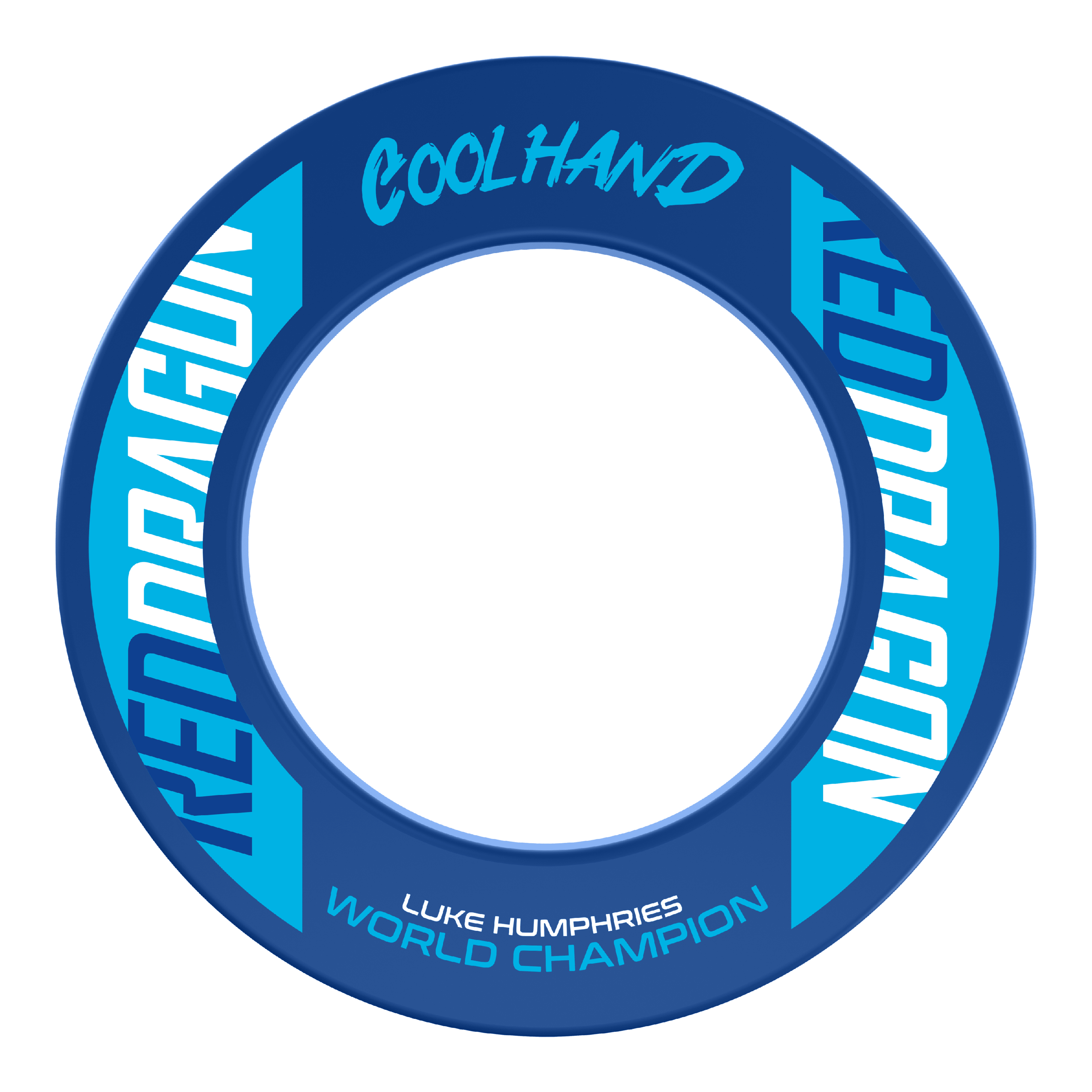 Red Dragon Luke Humphries Wereldkampioen Dartbord Surround Das Bild zeigt den "Red Dragon Luke Humphries World Champion Dartboard Surround" in Blau mit weißen und hellblauen Schriftzügen. Auf dem Produkt stehen die Wörter "Coolhand", "Red Dragon" und "Luke Humphries World Champion".
