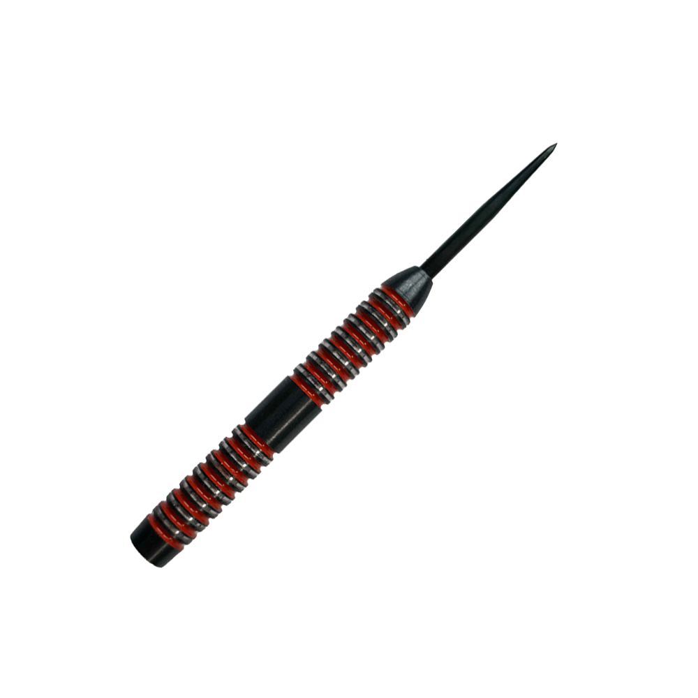 McDart Crimson Steeldart-vaten Das Bild zeigt einen McDart Crimson Steeldart Barrel. Der Barrel ist schwarz mit auffälligen roten Ringen und hat ein gerilltes Design für besseren Halt.