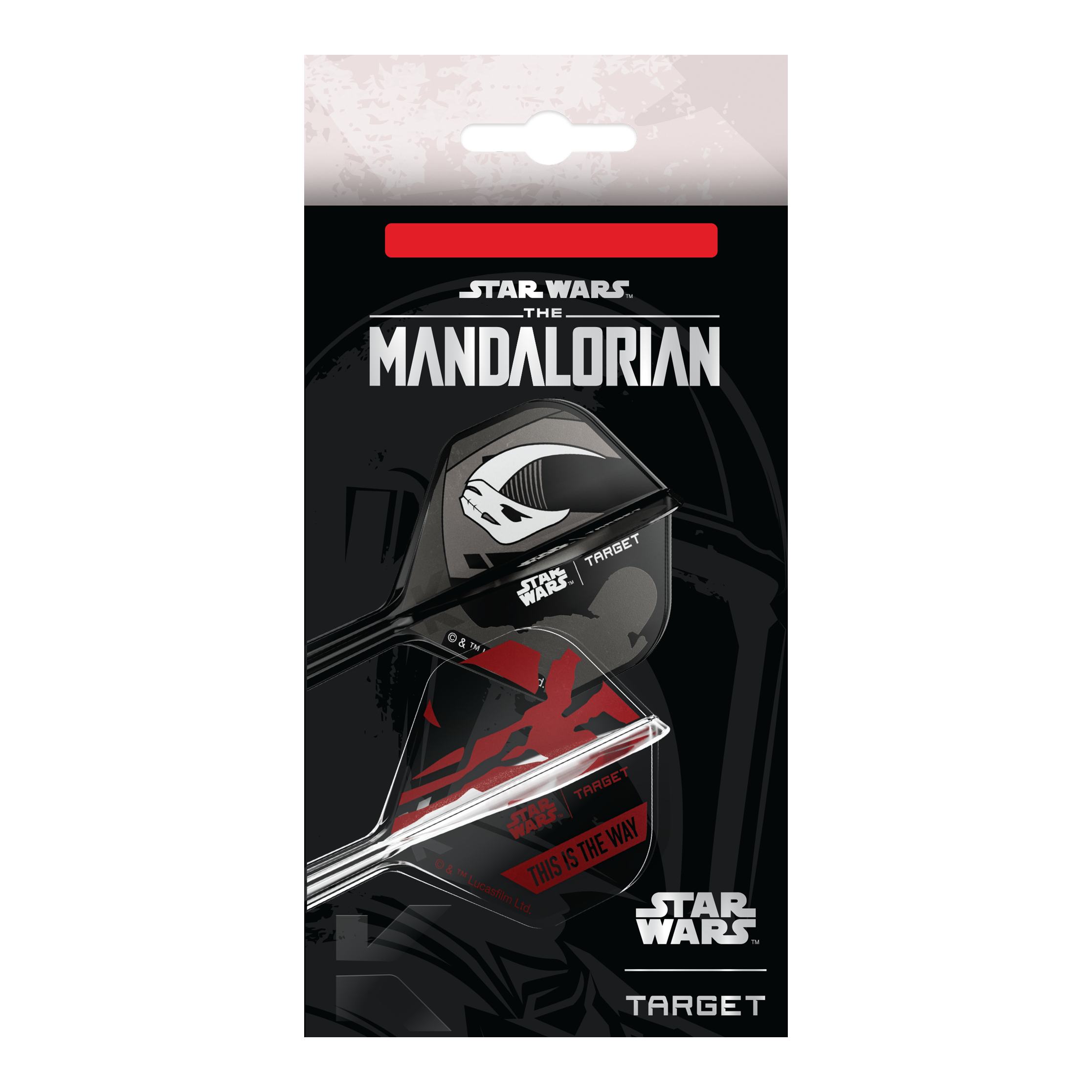Dieses Bild zeigt das Target Star Wars K-Flex-Set Mandalorian No2 Standard Flights. Die Dart Flights haben ein Mandalorian-Design aus der Star Wars Serie.