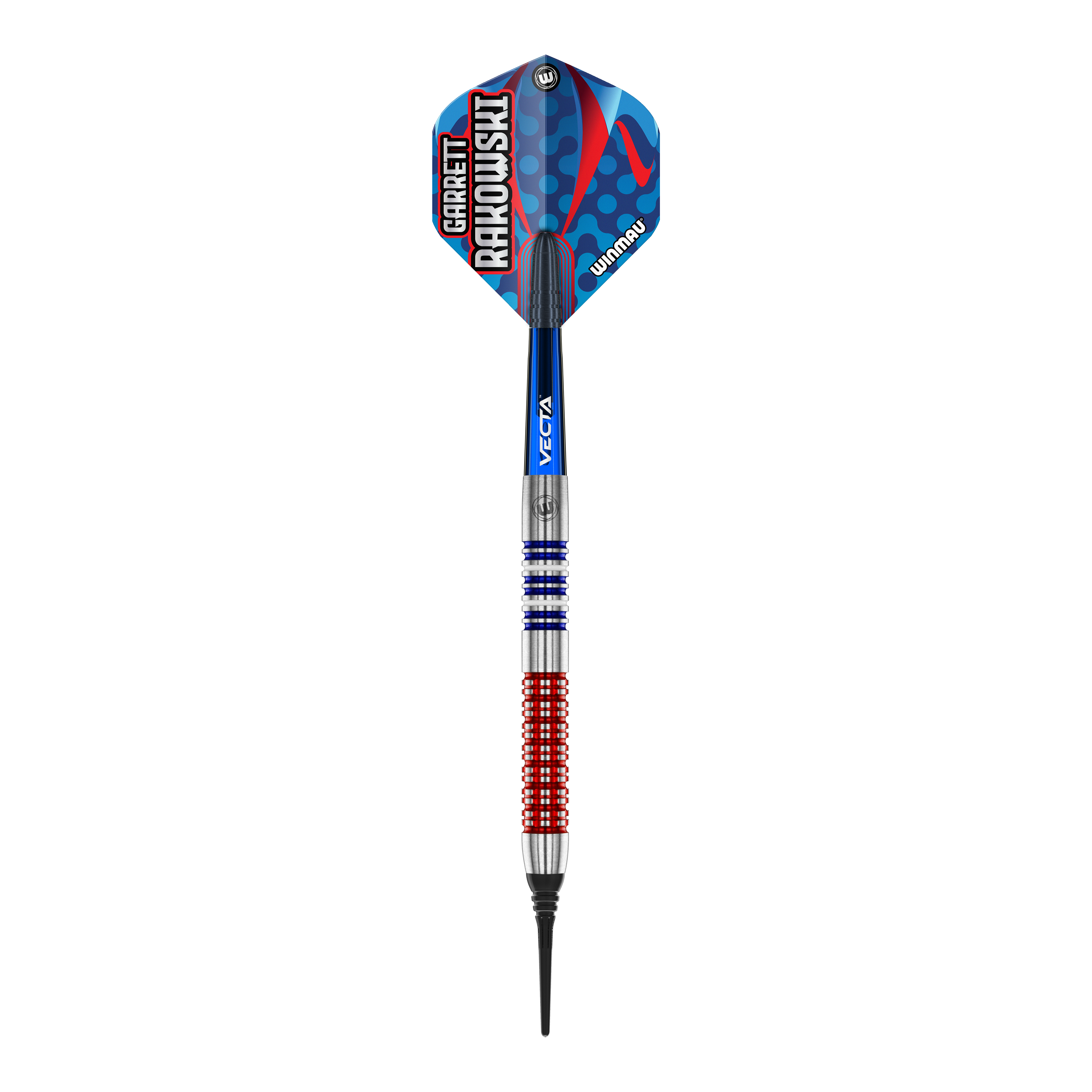 Winmau Garrett Rakowski zachte dartpijlen - 20 g Das Bild zeigt einen Winmau Garrett Rakowski Softdart mit einem Gewicht von 20g. Der Dart hat ein farbenfrohes, modernes Design mit blauen, roten und silbernen Elementen.