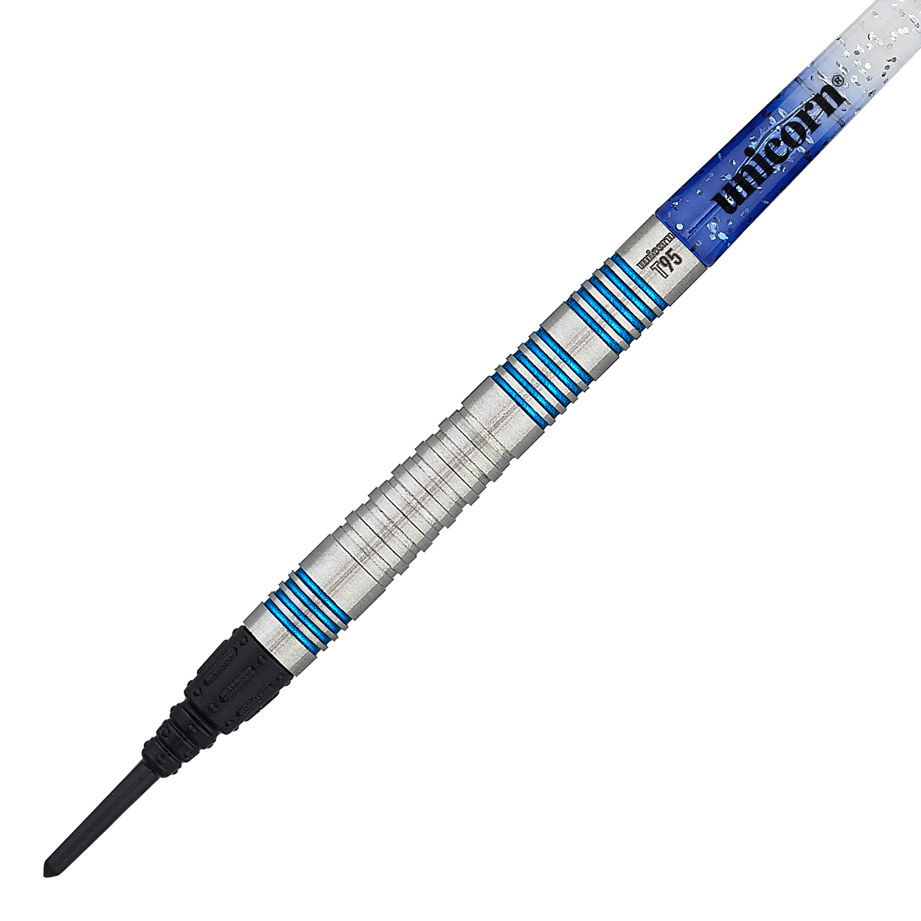 Unicorn T95 Core XL Blauwe zachte darts Dies ist ein Unicorn T95 Core XL Blue Softdart. Der Dart hat silberne Rillen mit blauen Akzenten und einen blauen Schaft.