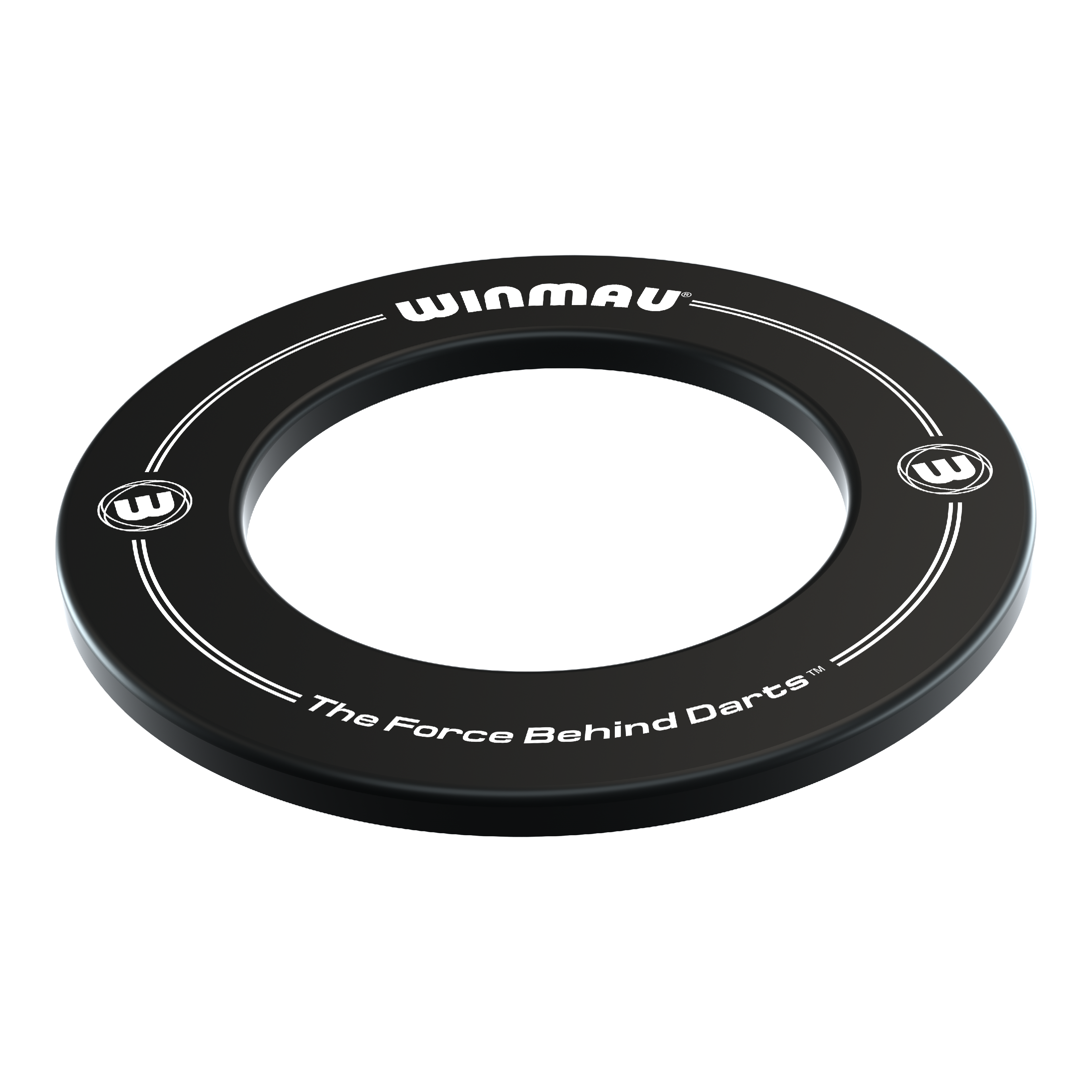 Winmau Dartboard Surround Auf dem Bild ist ein schwarzer Dartboard-Surround der Marke Winmau zu sehen. Auf dem Surround steht der Slogan „The Force Behind Darts“.