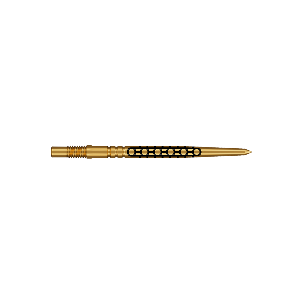 Shot Turbo Point Goths Dartpunten - Goud Zwei kurze Dartspitzen in glänzender Goldfarbe werden dargestellt. Sie haben ein feines, geriffeltes Design.