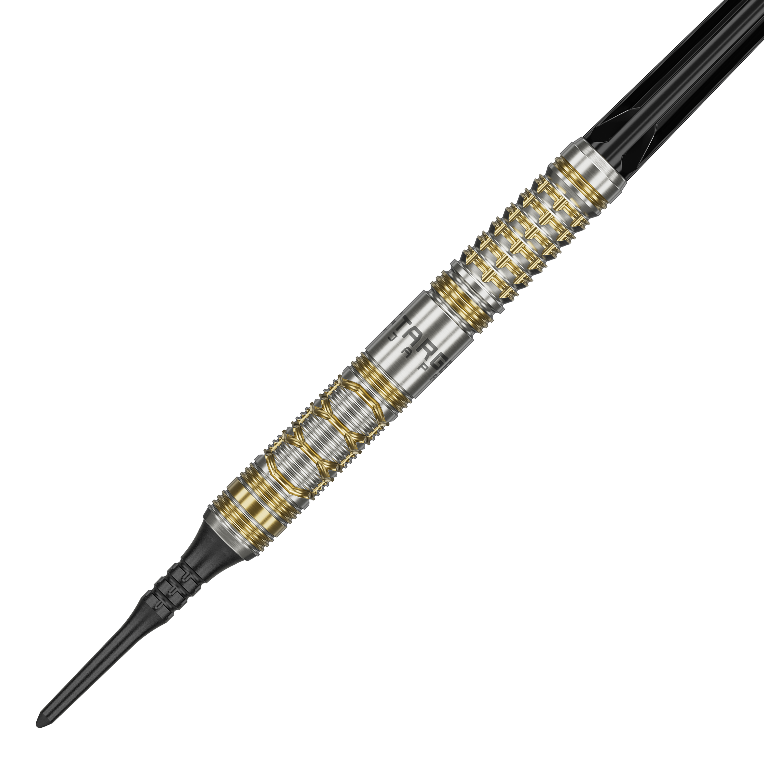Target Japan Black Marque Reyn GEN2 Soft Darts - 17,5 g Das Bild zeigt den Softdart "Target Japan Black Marque Reyn GEN2" mit einem Gewicht von 17,5 g. Der Dartpfeil hat ein silbernes Design mit goldenen Akzenten und einer schwarzen Spitze.