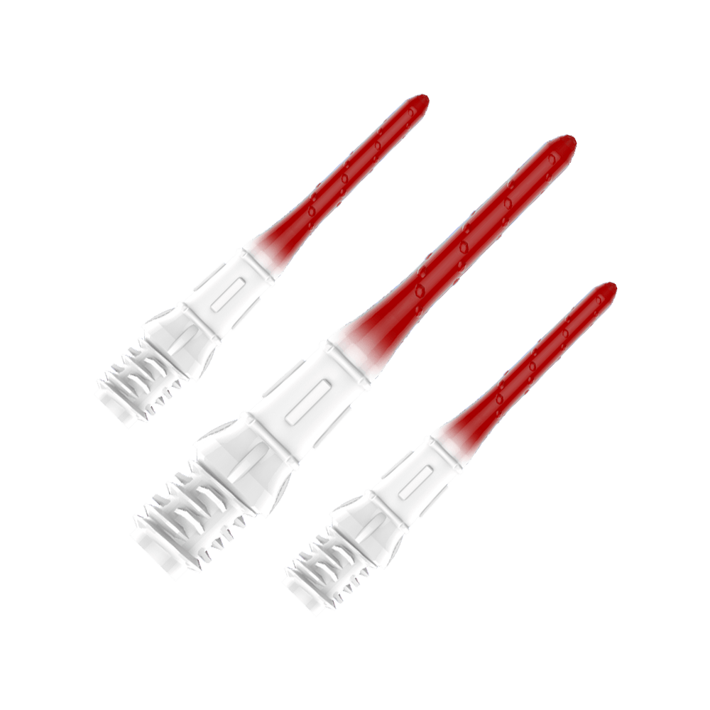 L-Style Premium Lippoint Gradiation Dart Tips (verpakking van 30) Das Bild zeigt drei hochwertige Dartspitzen mit einem Farbverlauf von Weiß zu Rot. Die Spitzen sind ordentlich nebeneinander angeordnet und haben eine glänzende Oberfläche.