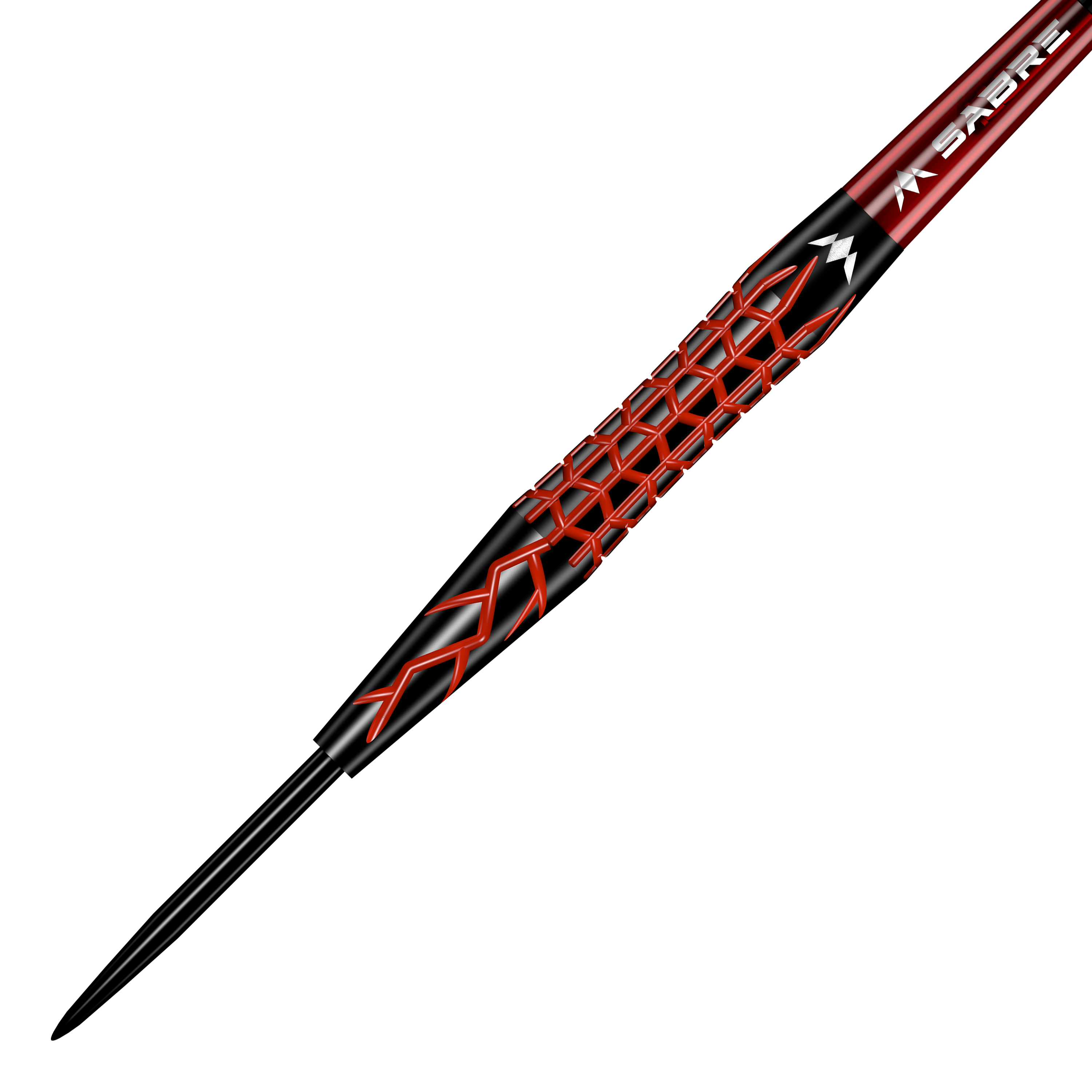 Missie Lava Steeldarts Das Bild zeigt einen Mission Lava Steeldart. Der Dart hat ein auffälliges schwarzes und rotes Design mit einem rautenförmigen Muster auf dem Griff.