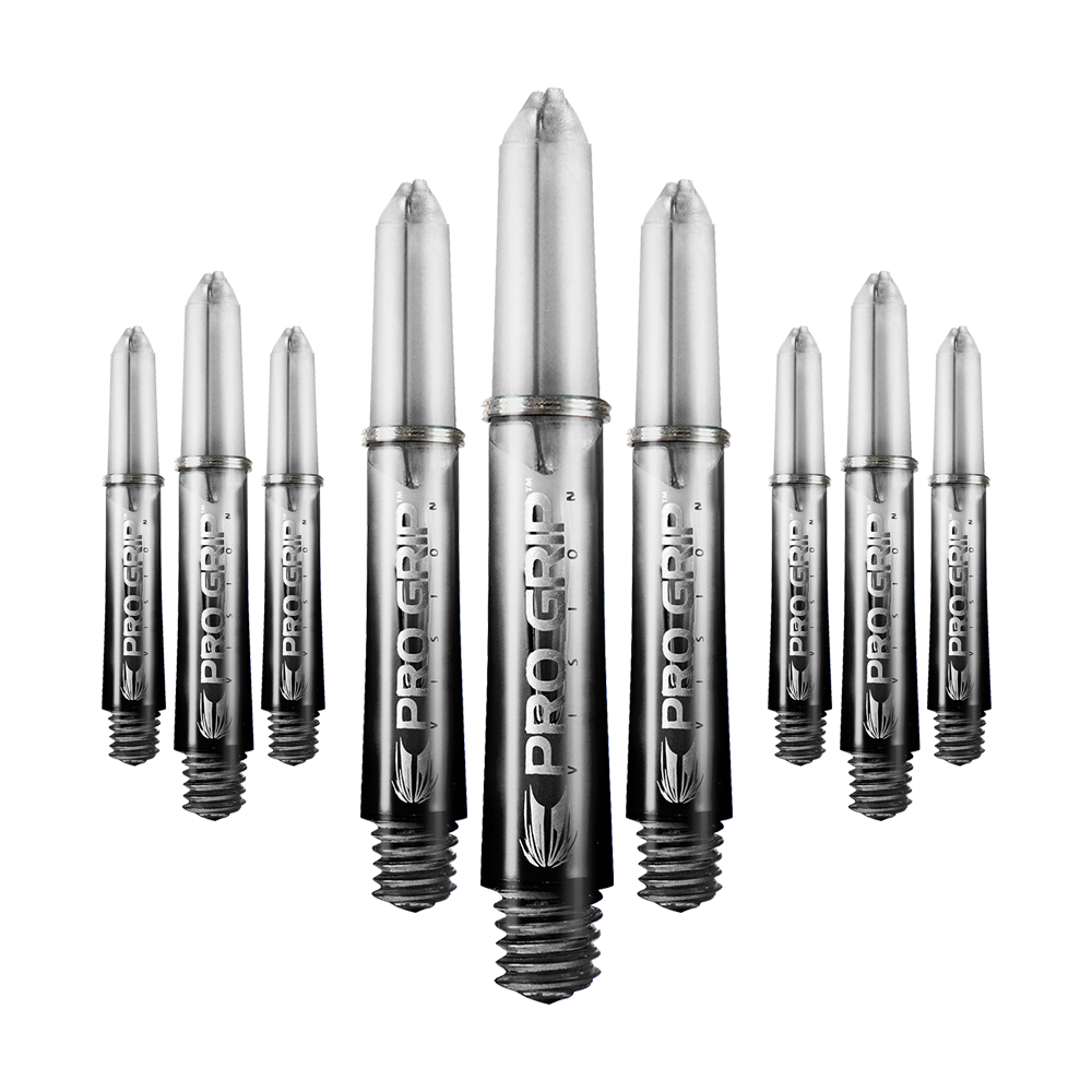 Target Pro Grip Vision Shafts - 3 sets - Zwart Auf dem Bild sind mehrere schwarze Dartschäfte der Marke "Pro Grip Vision" zu sehen. Sie sind in einer Reihe angeordnet und haben eine glänzende Oberfläche.