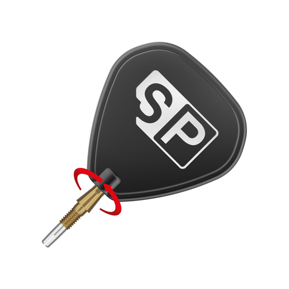 Target Swiss Storm Onyx Point Dartpunten - Goud Das Bild zeigt eine goldene Dartspitze des Produkts "Target Swiss Storm Onyx Point Dartspitzen". Ein schwarzes Dartflügel mit der Aufschrift "SP" ist ebenfalls zu sehen.