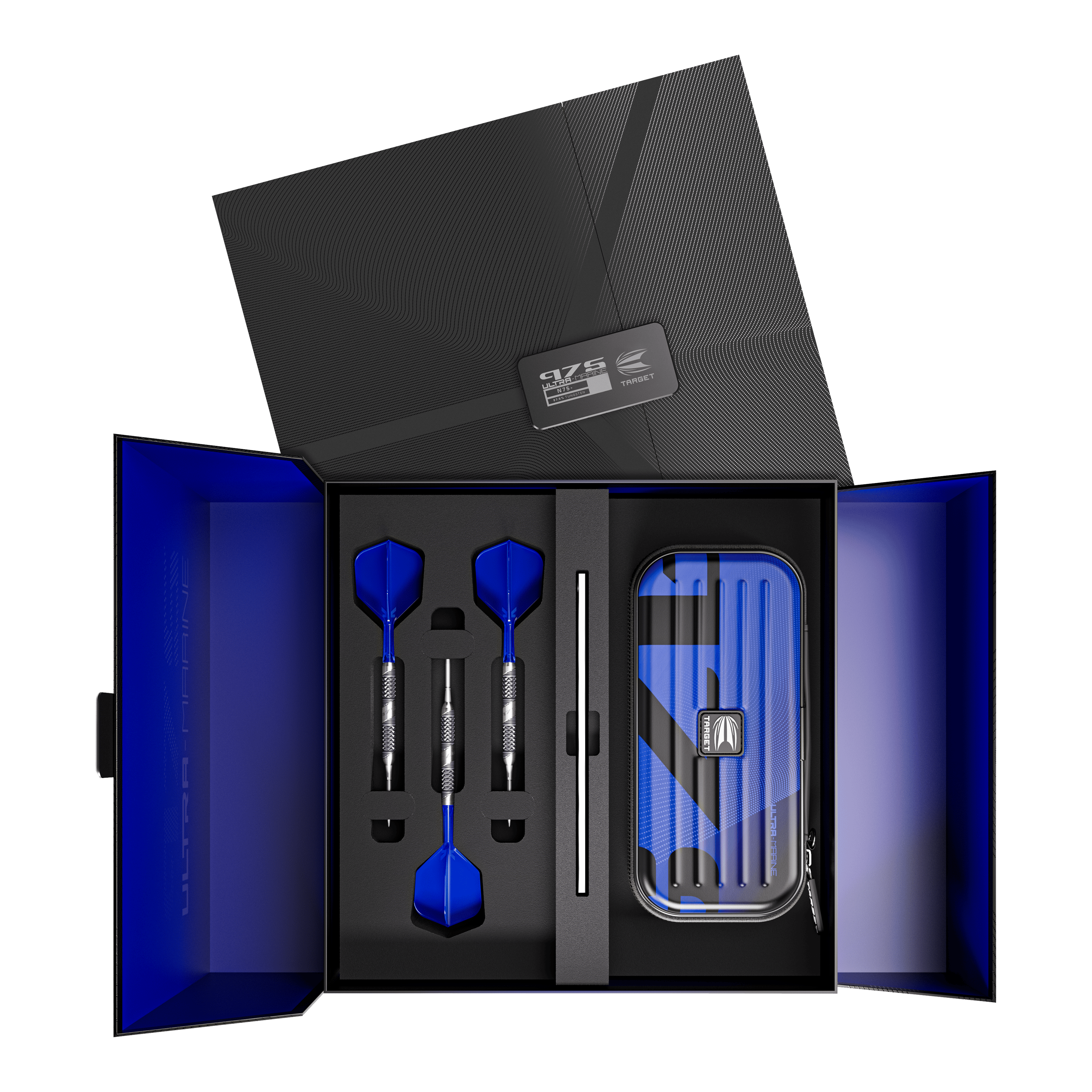 Target 975 Ultra Marine 01 Swiss Point stalen darts In der Box befindet sich ein Set aus drei Steeldarts mit blauen Flights. Rechts daneben liegt ein passendes Etui zur sicheren Aufbewahrung der Darts.