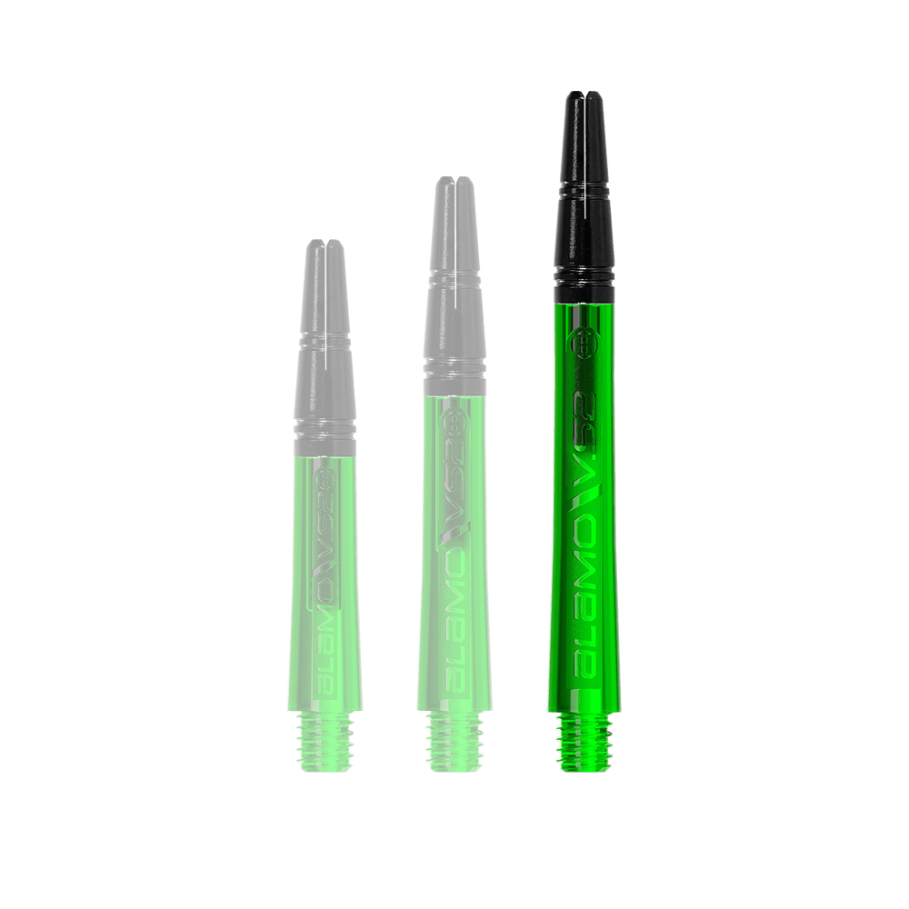 Harrows Alamo VS2 Shafts - Groen Einer der Dart-Schäfte wird auf schlichter Oberfläche separat gezeigt. Der Schaft ist gleichmäßig geformt.