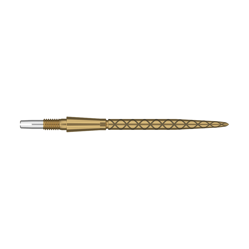 Target Swiss Storm Diamond Point Dartpunten - Goud Auf dem Bild ist eine goldene Dartspitze mit Diamantmuster zu sehen. Die Spitze ist lang und hat am hinteren Ende einen silbernen Schraubaufsatz.