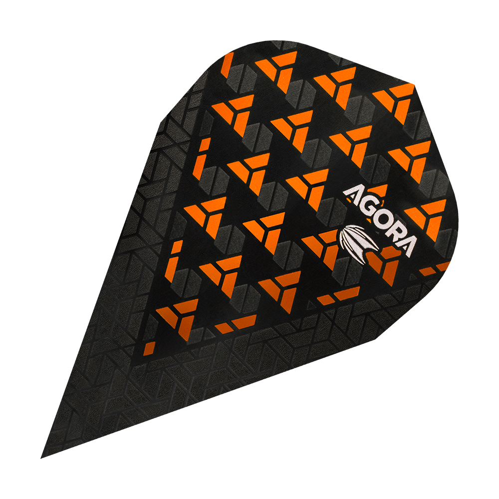 TG73_332670_Target_Agora_Ghost_Orange_Vapor_Flights_1ccLVS0L2XKB7y Das Bild zeigt einen Target Agora Ghost Orange Vapor Flight für Darts. Das Flight ist schwarz mit auffälligen orangefarbenen Mustern und dem Aufdruck „AGORA“.
