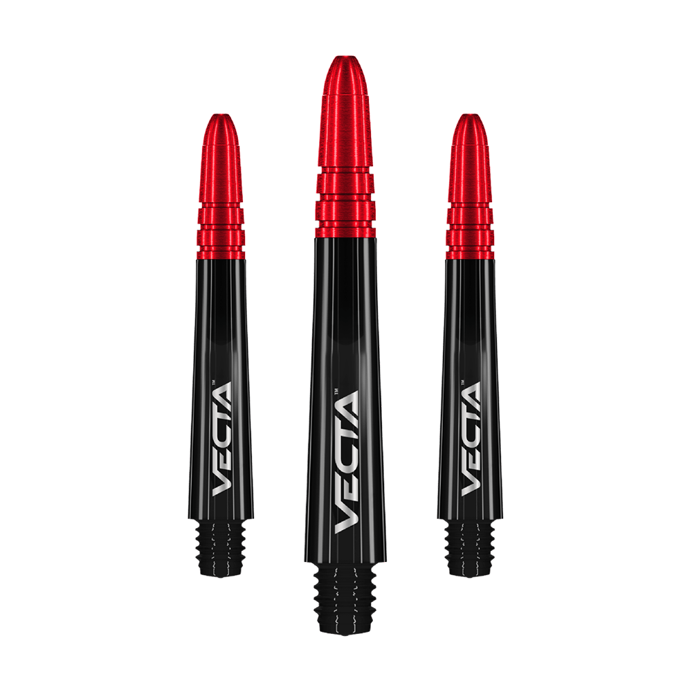 Das Bild zeigt drei schwarze und rote Dartschäfte mit der Aufschrift "VECTA". Sie stehen aufrecht nebeneinander vor einem transparenten Hintergrund.