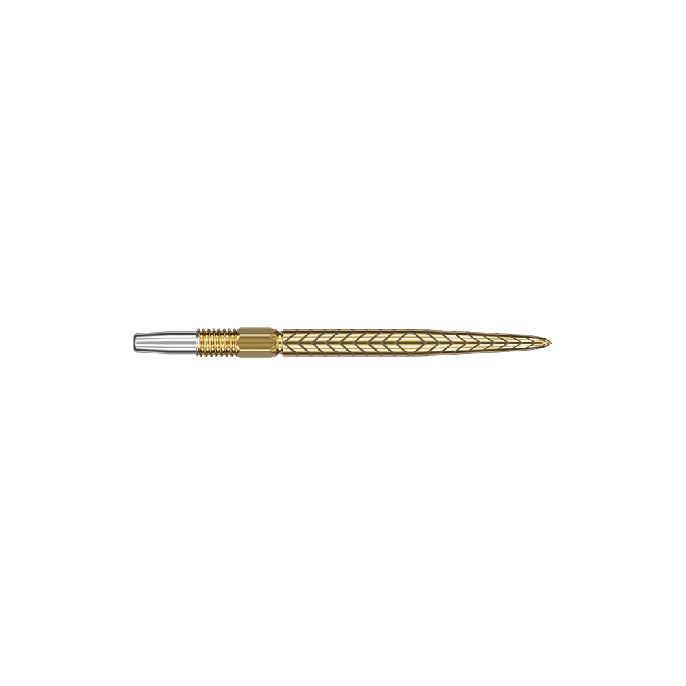 Target Swiss Point RVE darttips - Goud Auf dem Bild ist eine goldfarbene Dartspitze mit einem Muster zu sehen. Der vordere Teil der Spitze ist silberfarben.