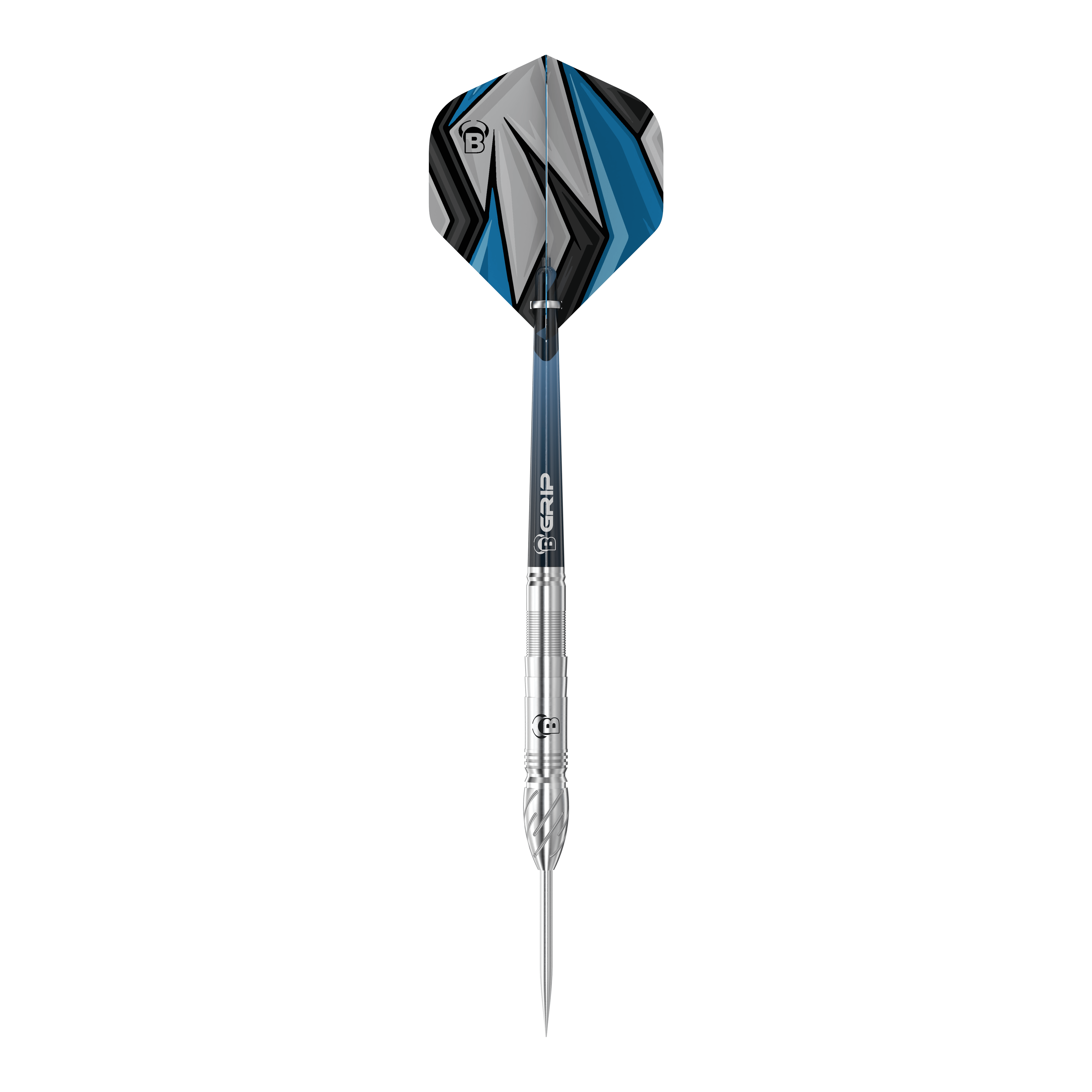 Bulls Stone S1 Steeldarts Das Bild zeigt einen Steeldart der Marke Bulls, Modell Stone S1. Der Dart hat eine silberne Spitze und Schaft sowie ein Flight mit blau-schwarzem Muster.