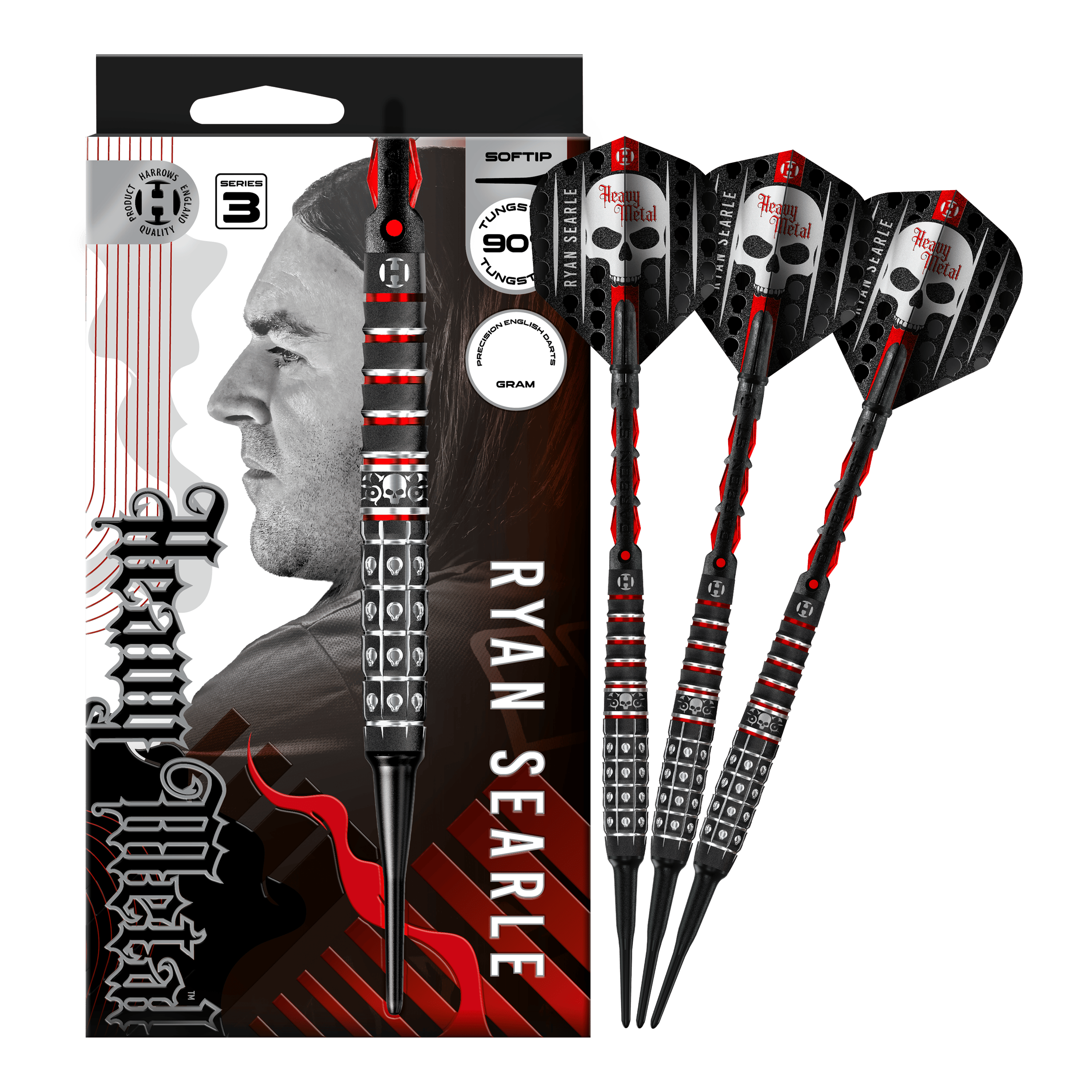 Harrow's Ryan Searle Series 3 zachte darts Das Foto zeigt Harrows Ryan Searle Series 3 Softdarts in voller Ansicht. Der Artikel ist für Softdart-Spiele gedacht.