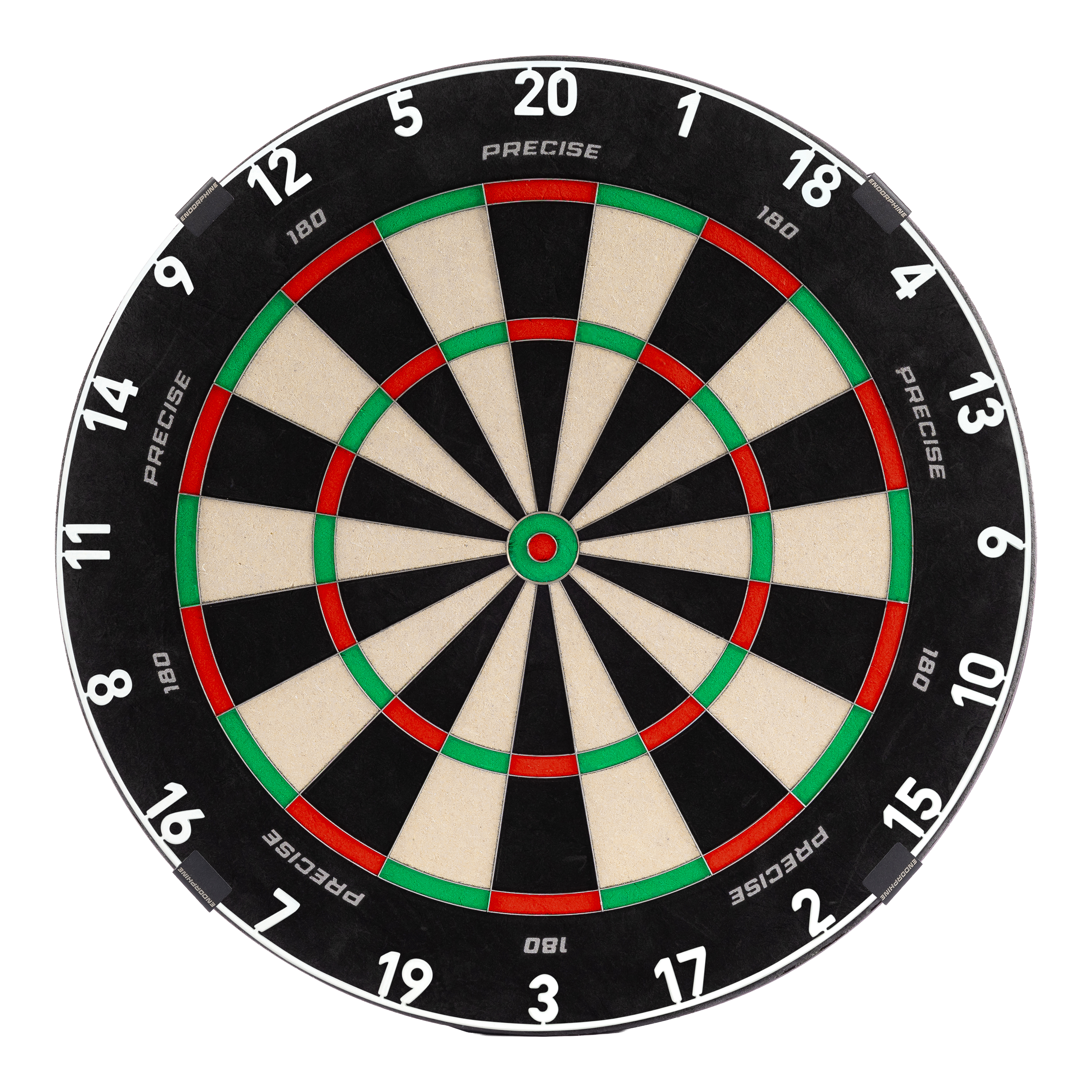 Precise 180 Endorphine Steel Dartbord met genummerde ring - Klassiek wit Abgebildet ist das Precise 180 Endorphine Steeldartboard mit einem weißen Nummernring. Das Produkt ist speziell für Präzisionswürfe entworfen.