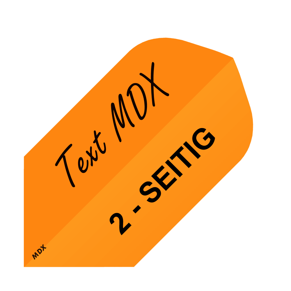 MD-454_2-Seitig_Bedruckte_Flights_Wunschtext_MDX_Orange_Slim_1 Das Bild zeigt ein orangefarbenes Quadrat mit dem Text "Text MDX" und "2-SEITIG" darauf. Es steht für das Produkt "10 Satz Bedruckte Flights 2-Seitig - Wunschtext - MDX Slim".