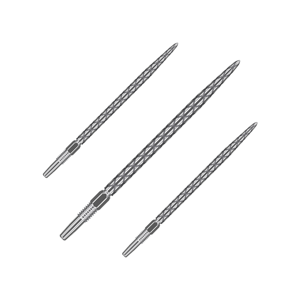 Target Swiss Diamond Pro Silver Points dartpunten Auf dem Bild sind drei silberne Dartspitzen mit einem rautenförmigen Muster zu sehen. Sie sind nebeneinander angeordnet und haben eine Länge von 40 mm.