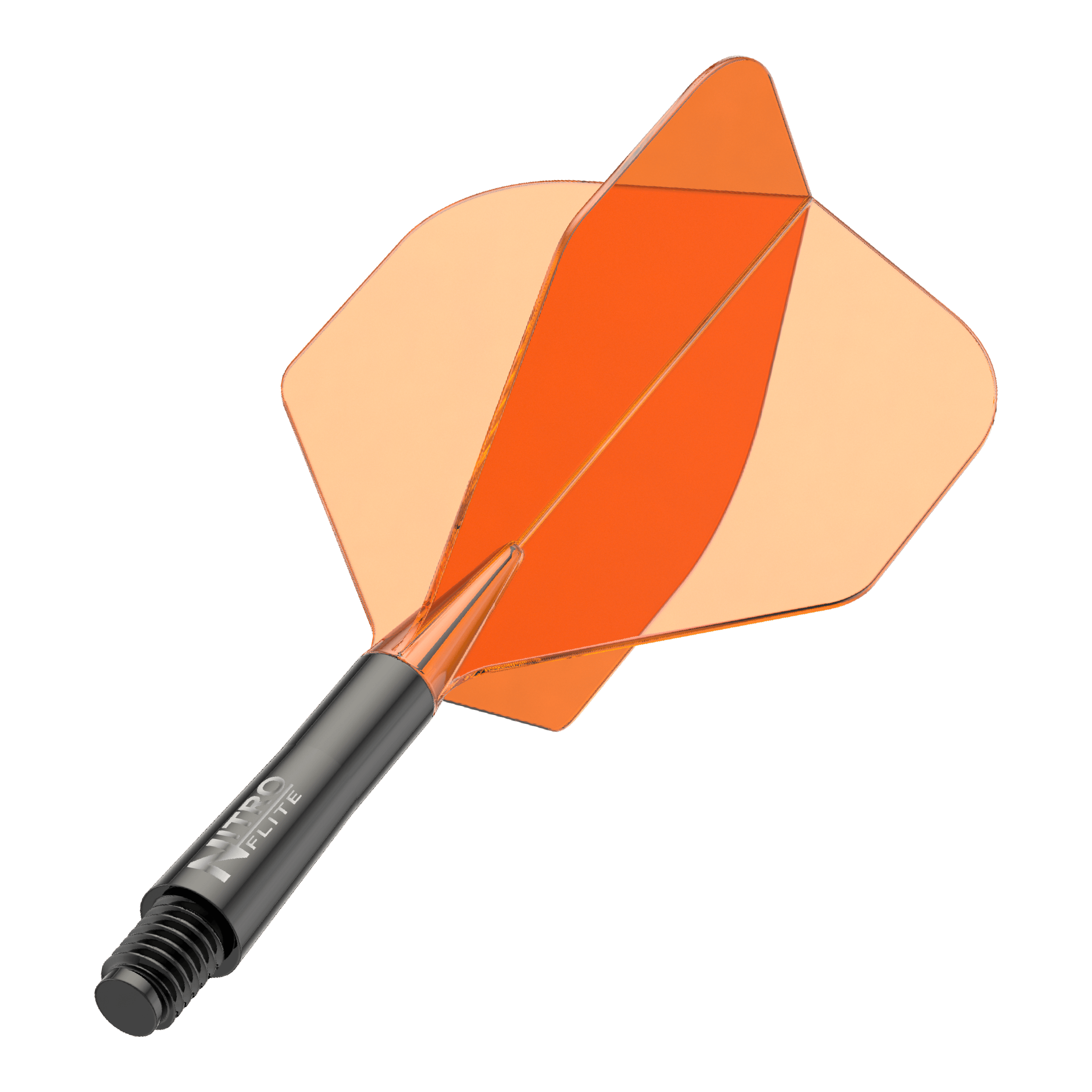 Red Dragon Nitroflite zwarte schacht oranje flights nr. 2 Auf dem Bild ist ein schwarzer Dartschaft mit orangefarbenen Flights zu sehen. Es handelt sich um ein Zubehör für Dartpfeile.
