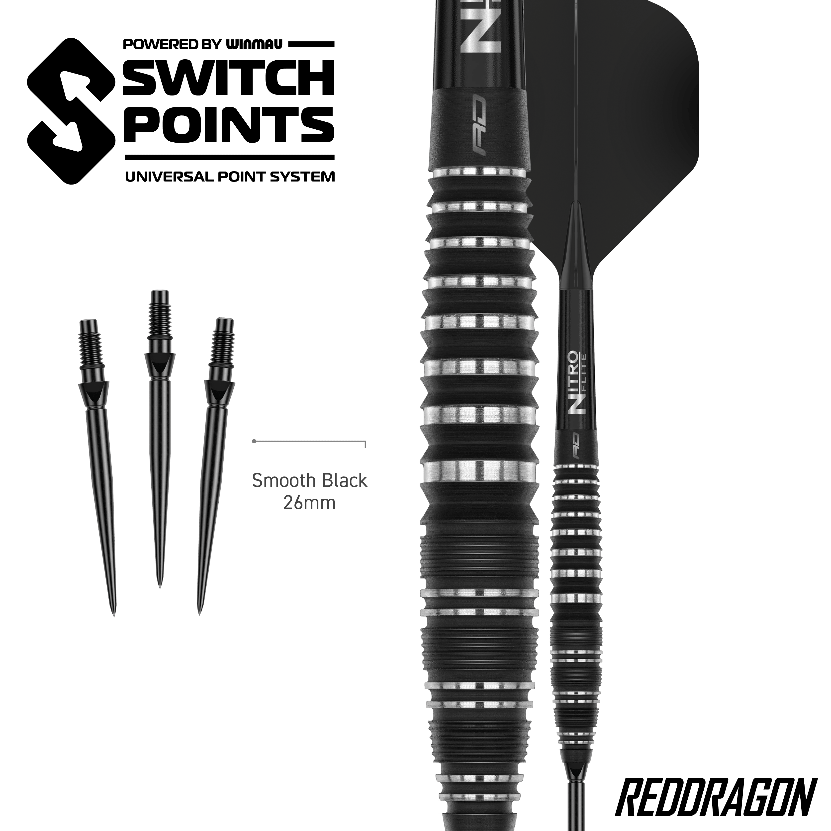 Red Dragon Sable Bom Schakelpunt Stalen Darts Zu sehen sind die Red Dragon Sable Bomb Switch Point Steeldarts. Die Darts sind robust und für präzises Spiel konzipiert.