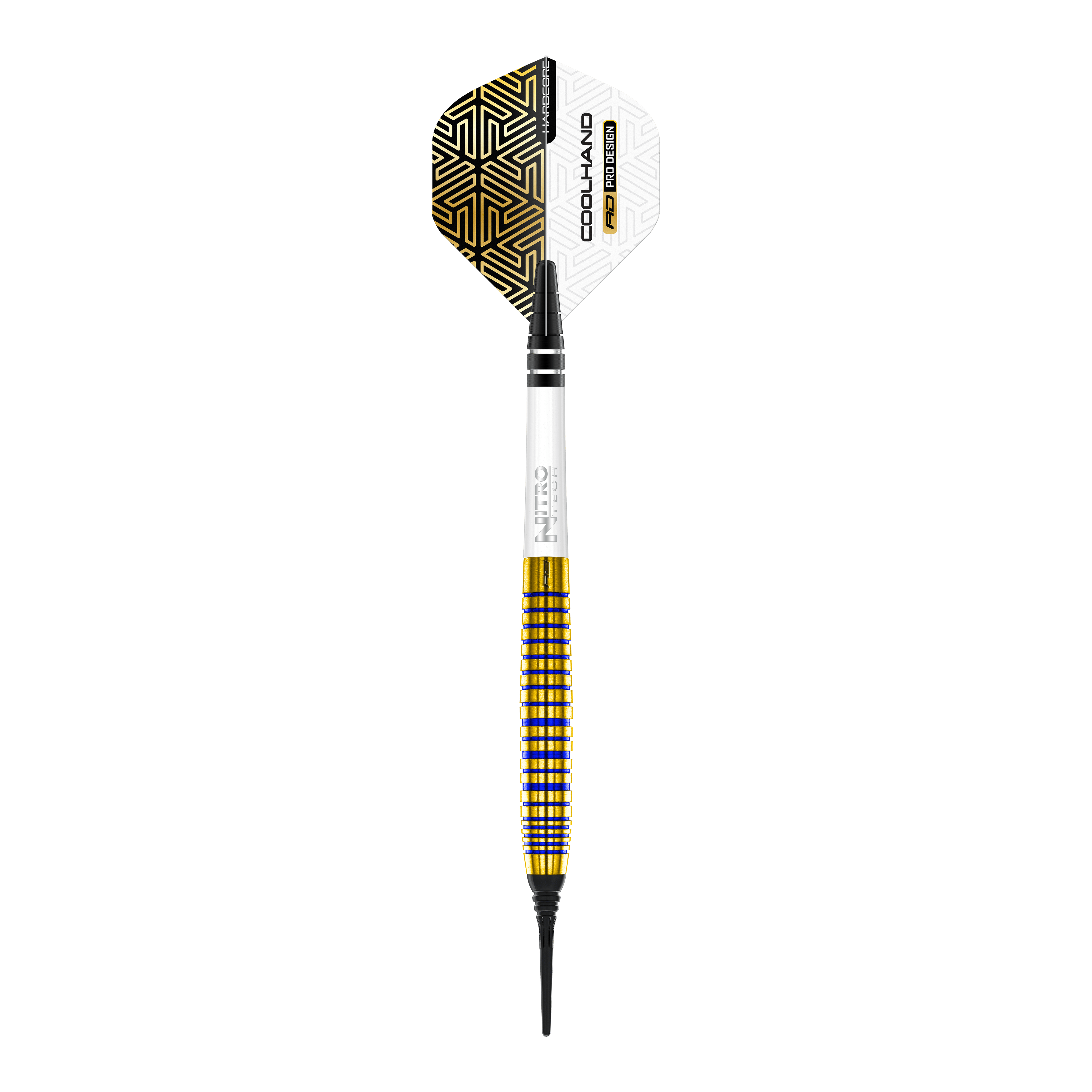 Red Dragon Luke Humphries TX3 Gold SE Softdarts - 20g Das Bild zeigt einen Red Dragon Luke Humphries TX3 Gold SE Softdart mit einem Gewicht von 20g. Der Dart hat ein auffälliges Design mit goldenen und schwarzen Akzenten und einer weißen Flight.