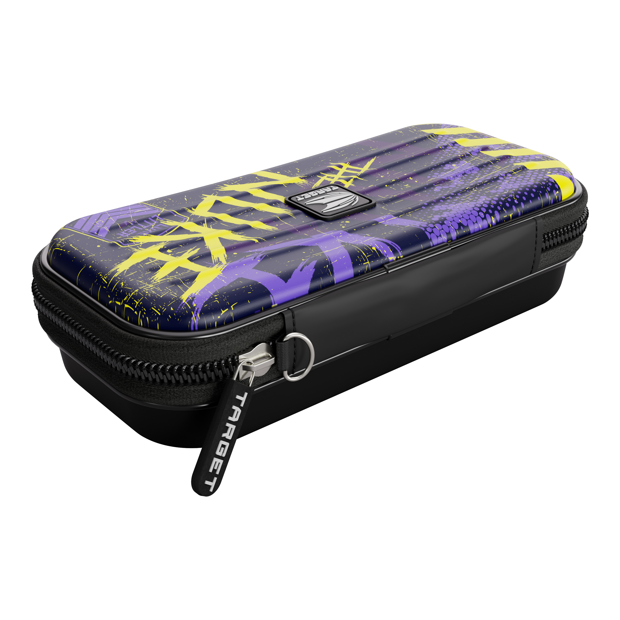 Target Takoma Luke Littler dartkoffer Das Bild zeigt das "Target Takoma Luke Littler Dartcase" mit einem auffälligen Design in Lila, Gelb und Schwarz. Das Etui hat einen Reißverschluss und das Target-Logo ist gut sichtbar.