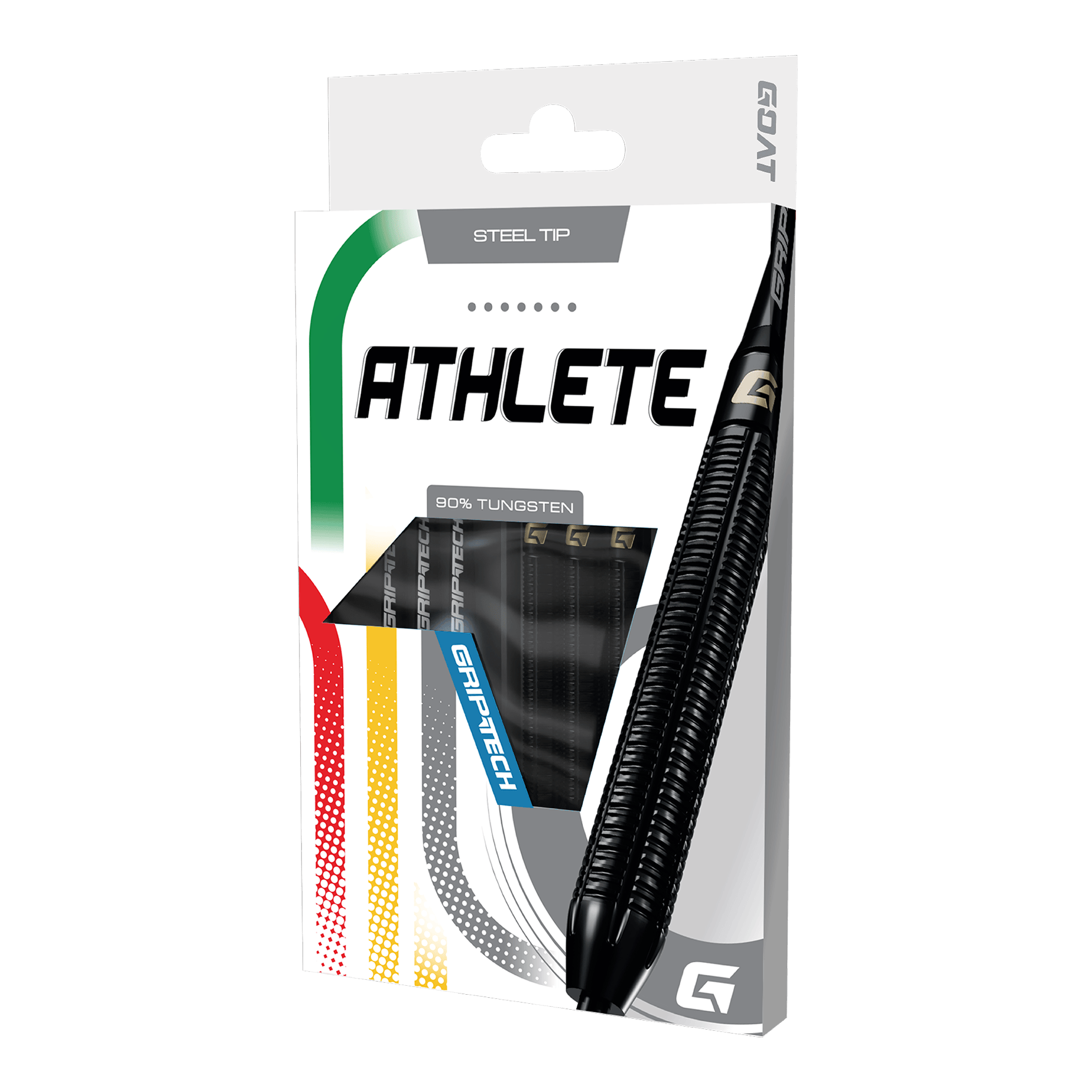 Das Produkt GOAT Athlete Black Tungsten Steeldarts wird gezeigt. Die Darts sind für professionelle Spieler geeignet und in Schwarz gehalten.