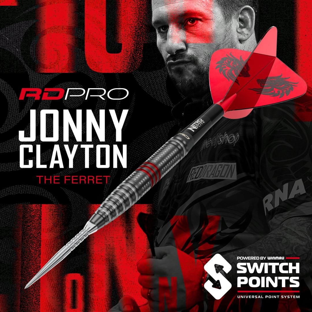 Red Dragon Jonny Clayton RD-PRO Switch Point stalen dartpijlen Zu sehen sind Red Dragon Jonny Clayton RD-PRO Switch Point Steeldarts. Das Bild fokussiert auf die präzise Verarbeitung und das Design der Dartpfeile.