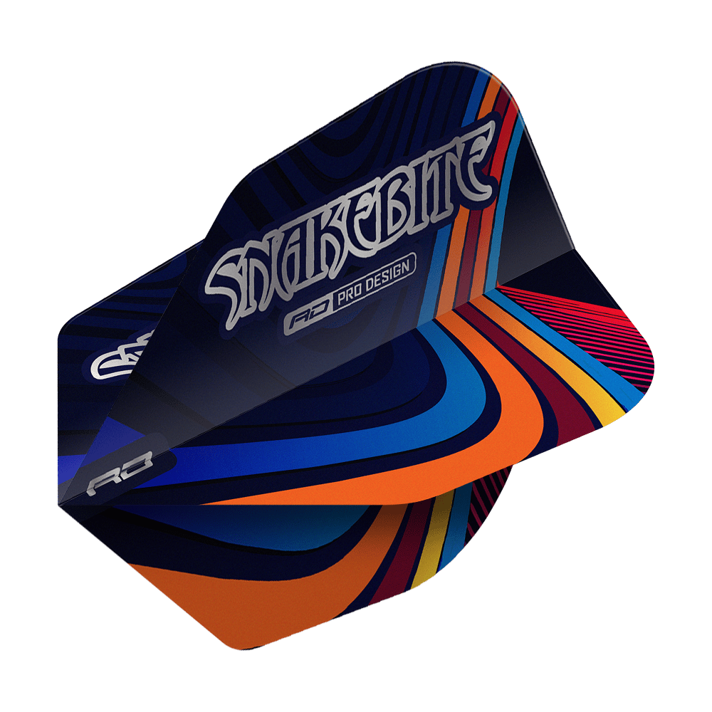 Red Dragon Peter Wright Snakebite Multi Swirl No6 Vluchten Das Bild zeigt ein Dartflight mit dem Namen "Red Dragon Peter Wright Snakebite Multi Swirl No6 Flights". Das Flight-Design ist bunt mit geschwungenen Linien in Blau, Orange, Rot und Gelb, und trägt die Aufschrift "Snakebite".