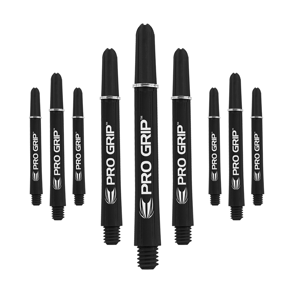 Target Pro Grip Shafts - 3 sets - Zwart Auf dem Bild sind neun schwarze Pro Grip Dartschäfte zu sehen. Sie sind in drei Reihen angeordnet und auf jedem Schaft steht "PRO GRIP" in weißer Schrift.